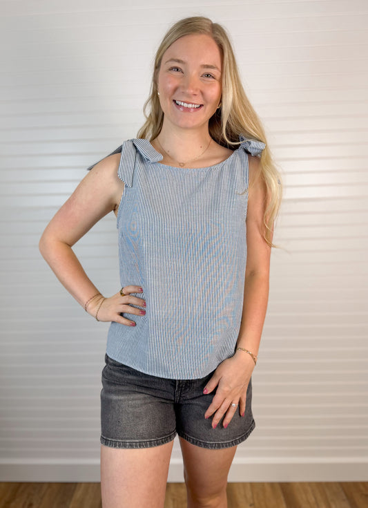 Striped Shoulder Tie Tank - Blue/White