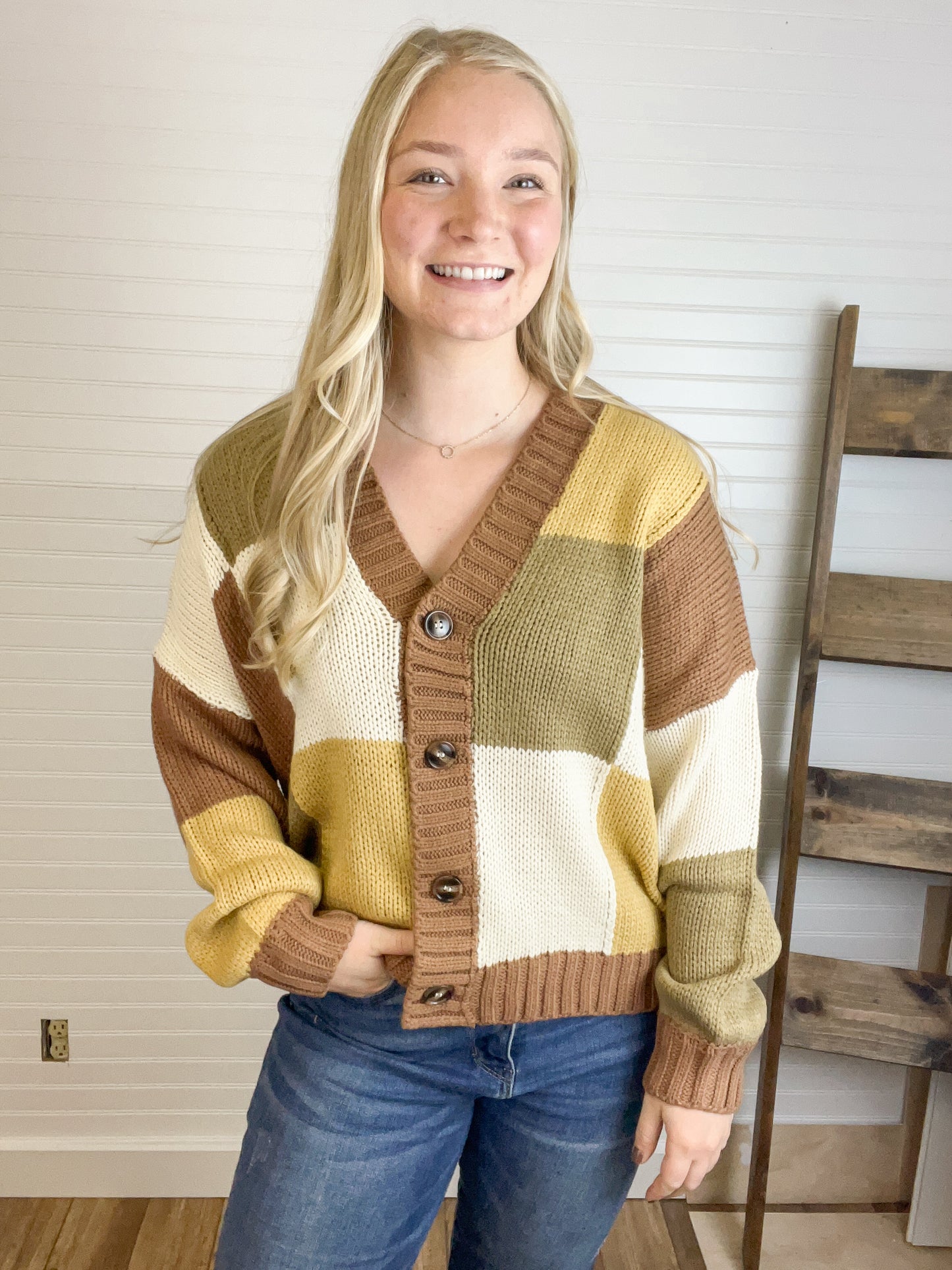 Patchwork Loose Cardigan Sweater - Brown Multi