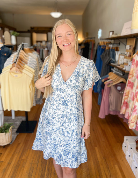Ruffle Short Sleeve Back Tie Dress - Blue/Ivory