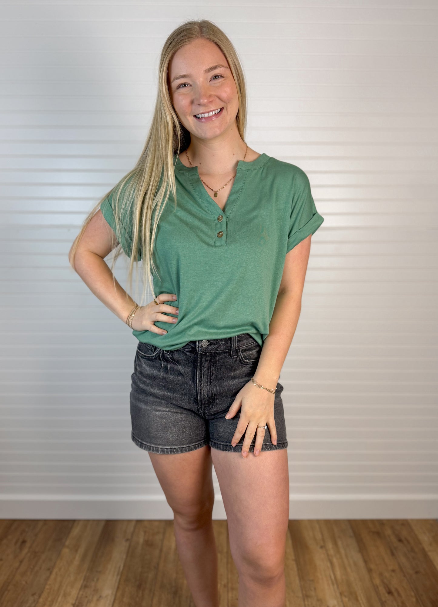 Henley Button Short Sleeve Top - Green