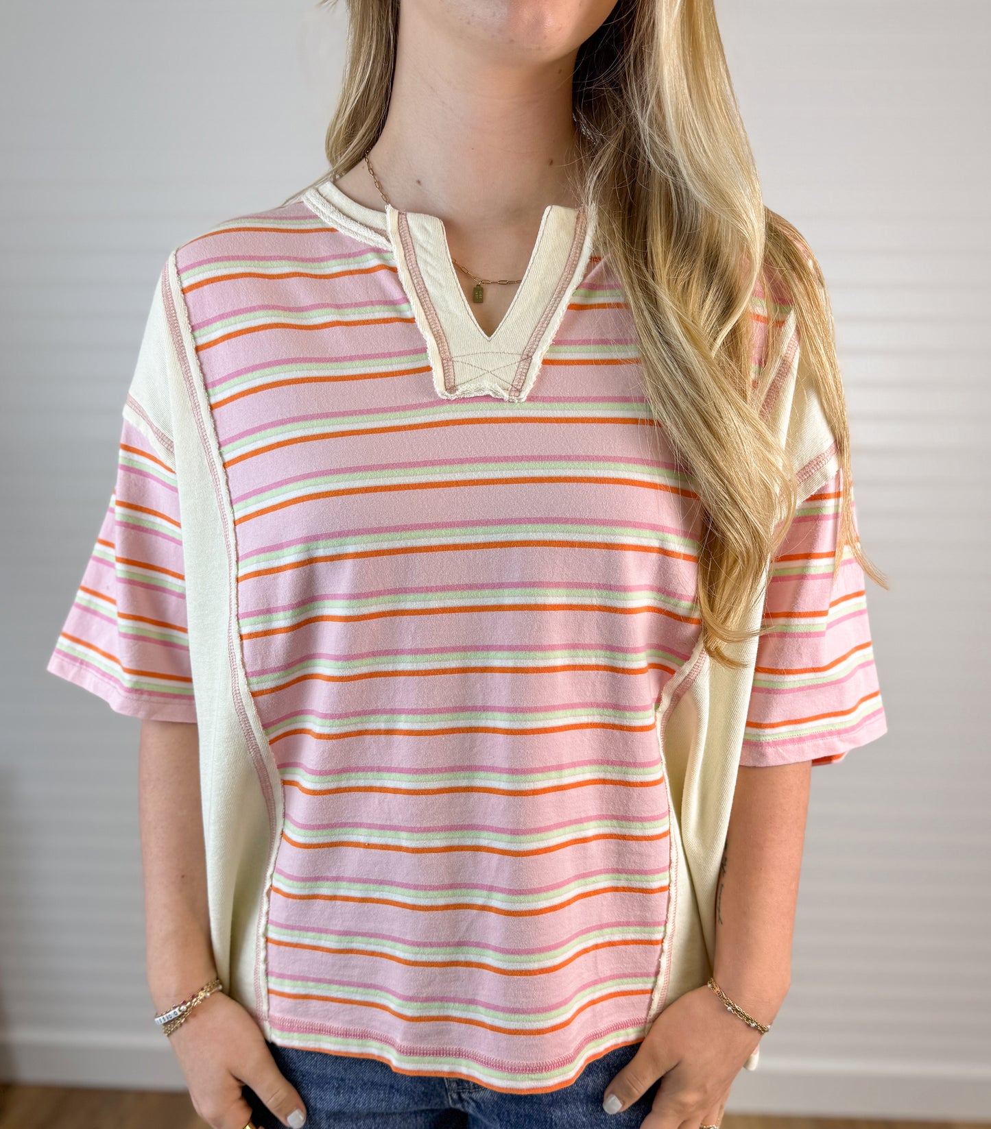 Striped Contrast Loose Fit Tee - Pink/Yellow