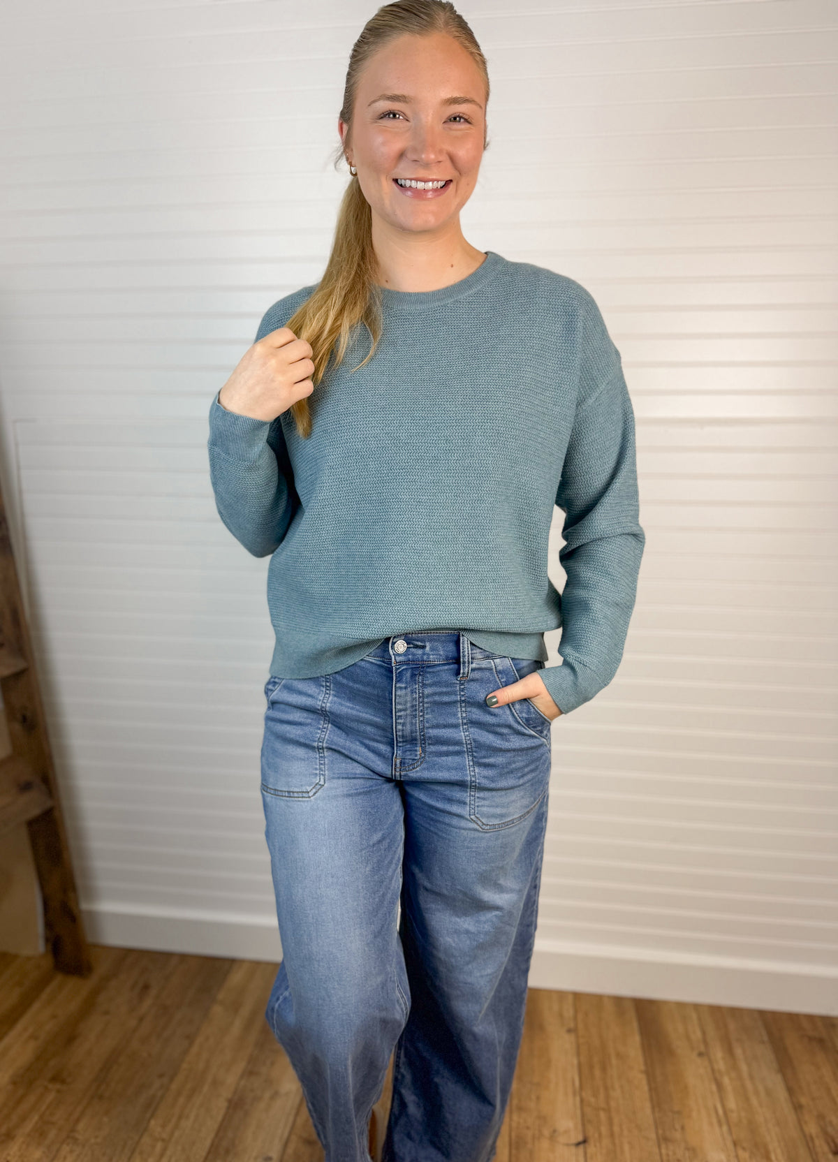 Rice Knit Crewneck Sweater - Dusty Teal