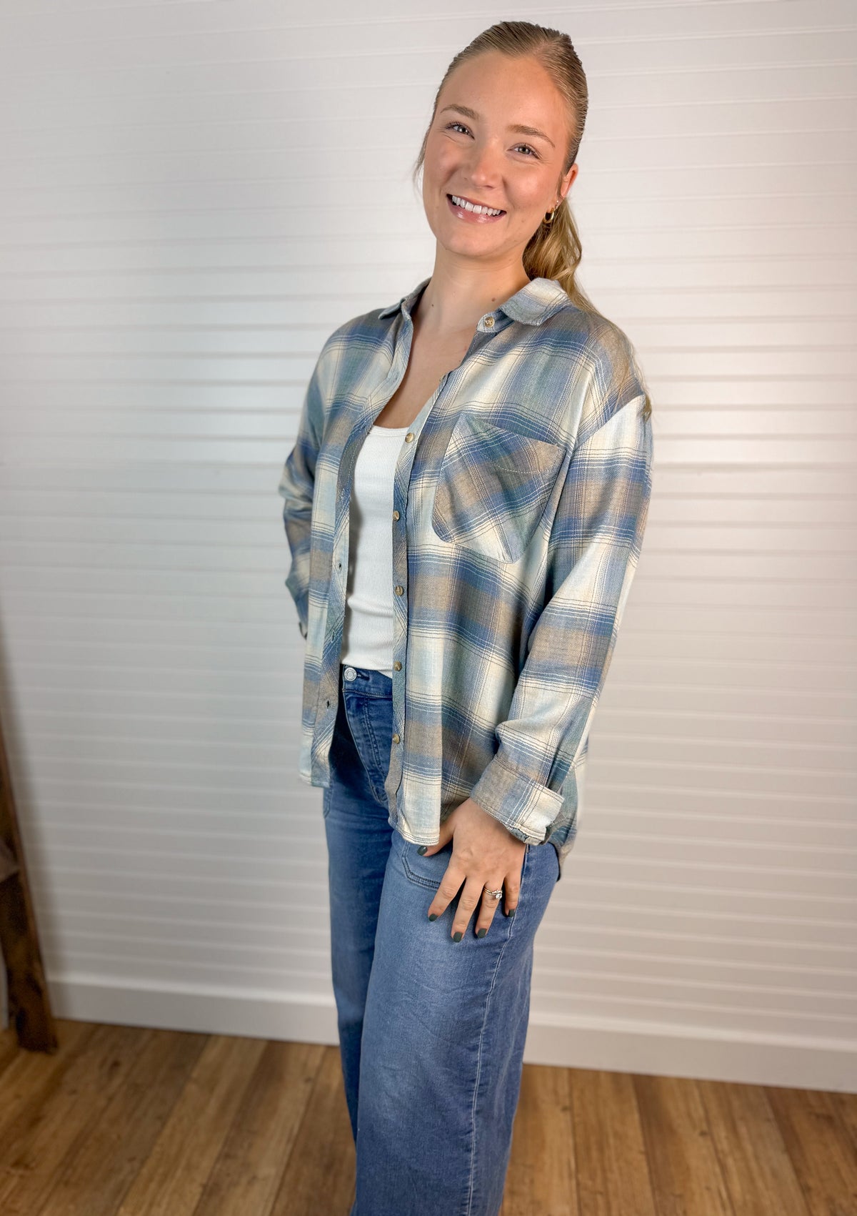 Vintage Plaid Flannel Top - Retro Blue