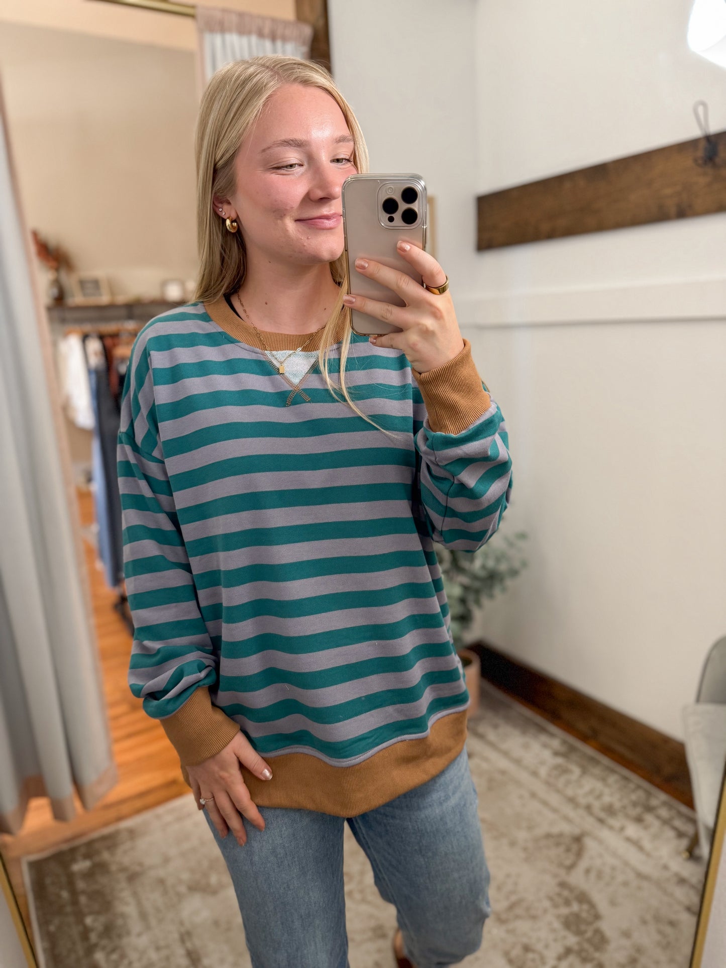 Color Contrast Stripe Pullover -  Teal/Caramel