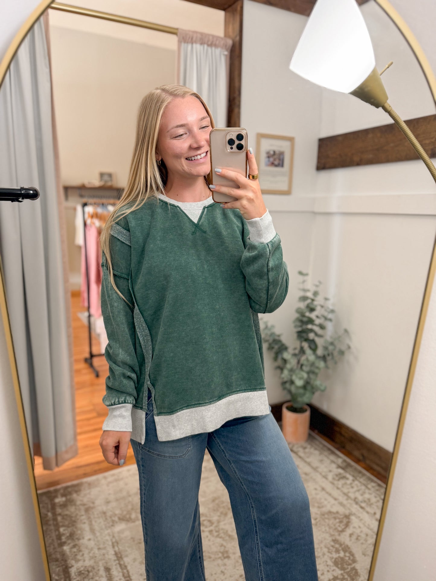 Fleece Acid Washed Contrast Pullover - Green