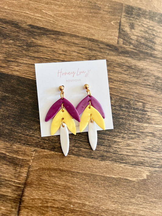 Tiered Leaf Clay Earrings - Purple/Yellow