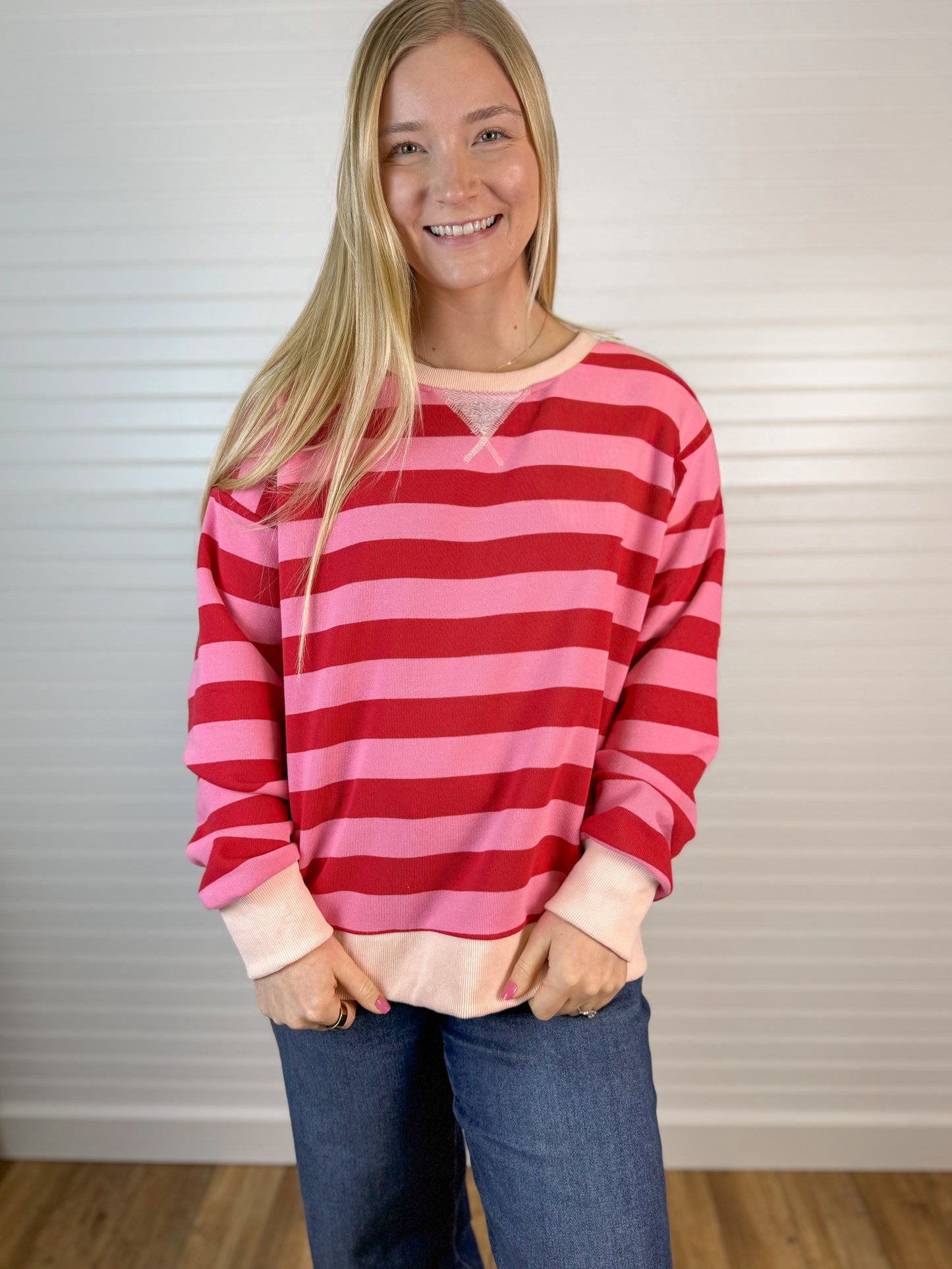 Oversized French Terry Striped Crewneck - Red/Pink