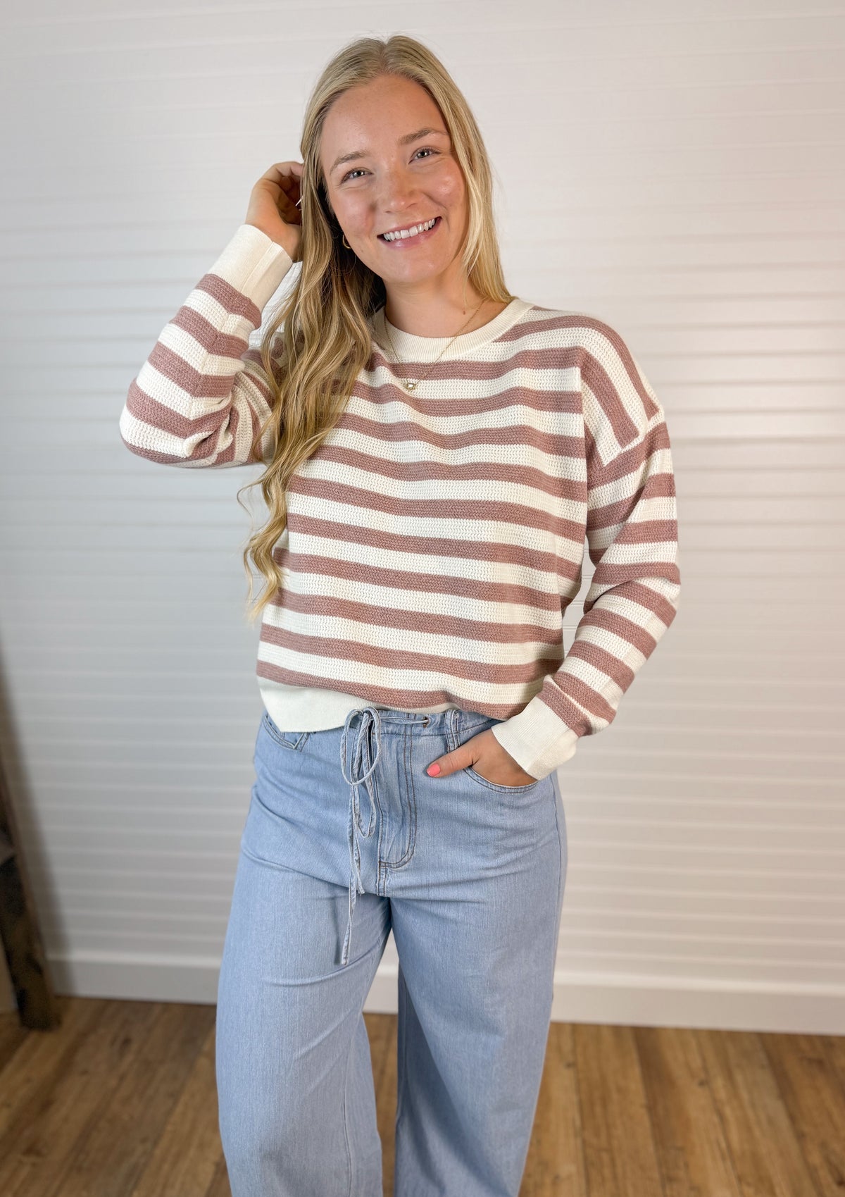 Soft Waffle Striped Sweater - Mauve