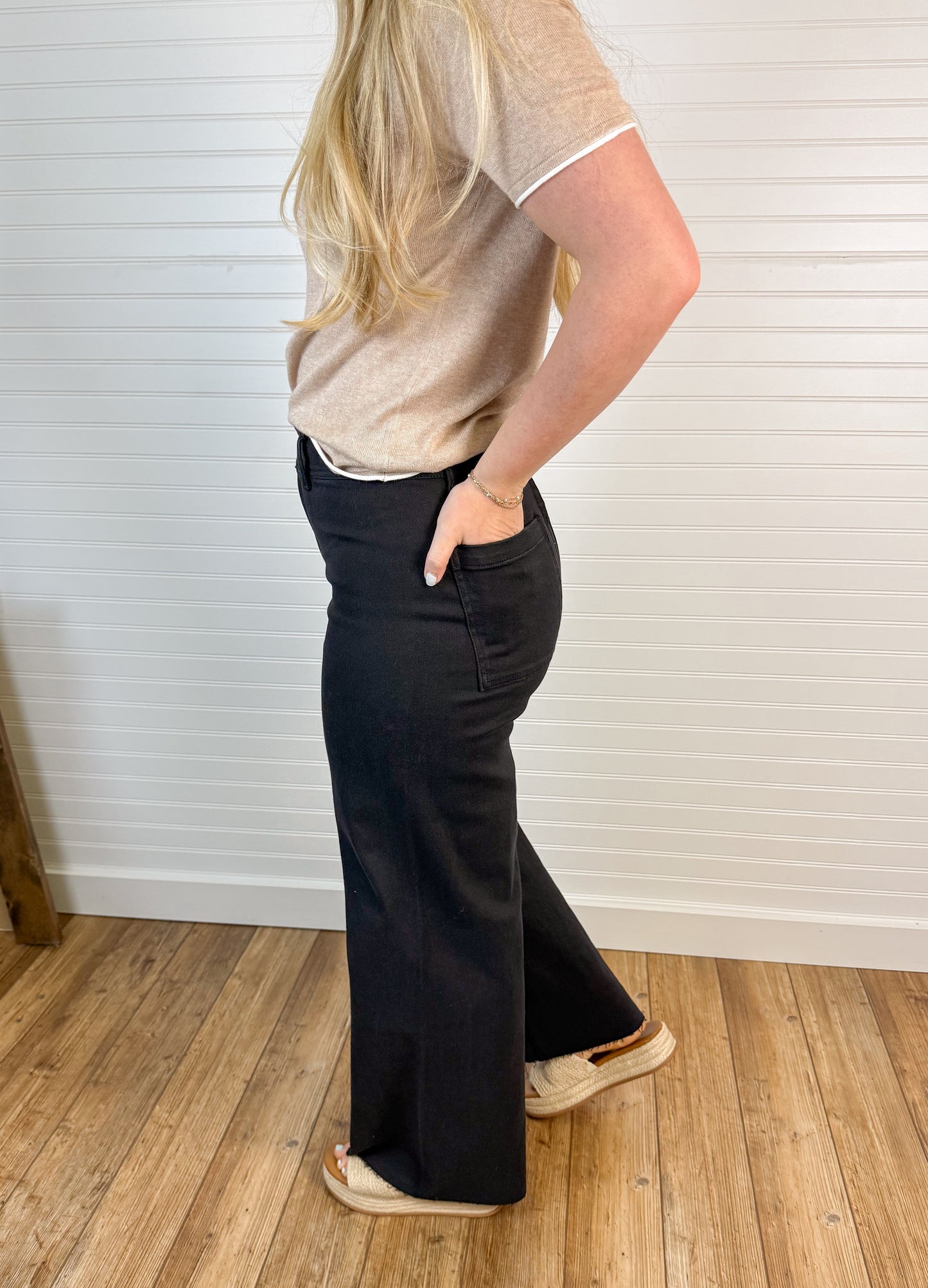 Stretchy Wide Leg Denim Pants - Black