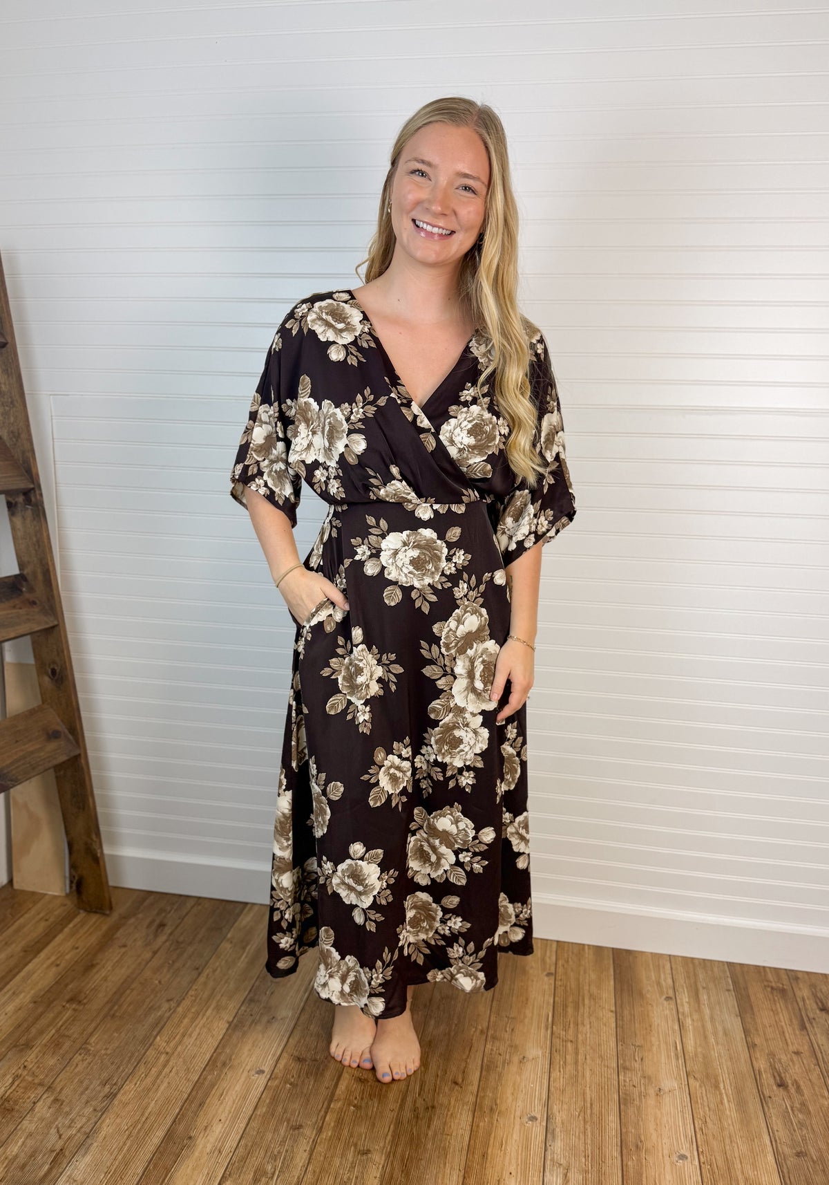 Surplice Floral Midi Wrap Dress - Brown/Beige