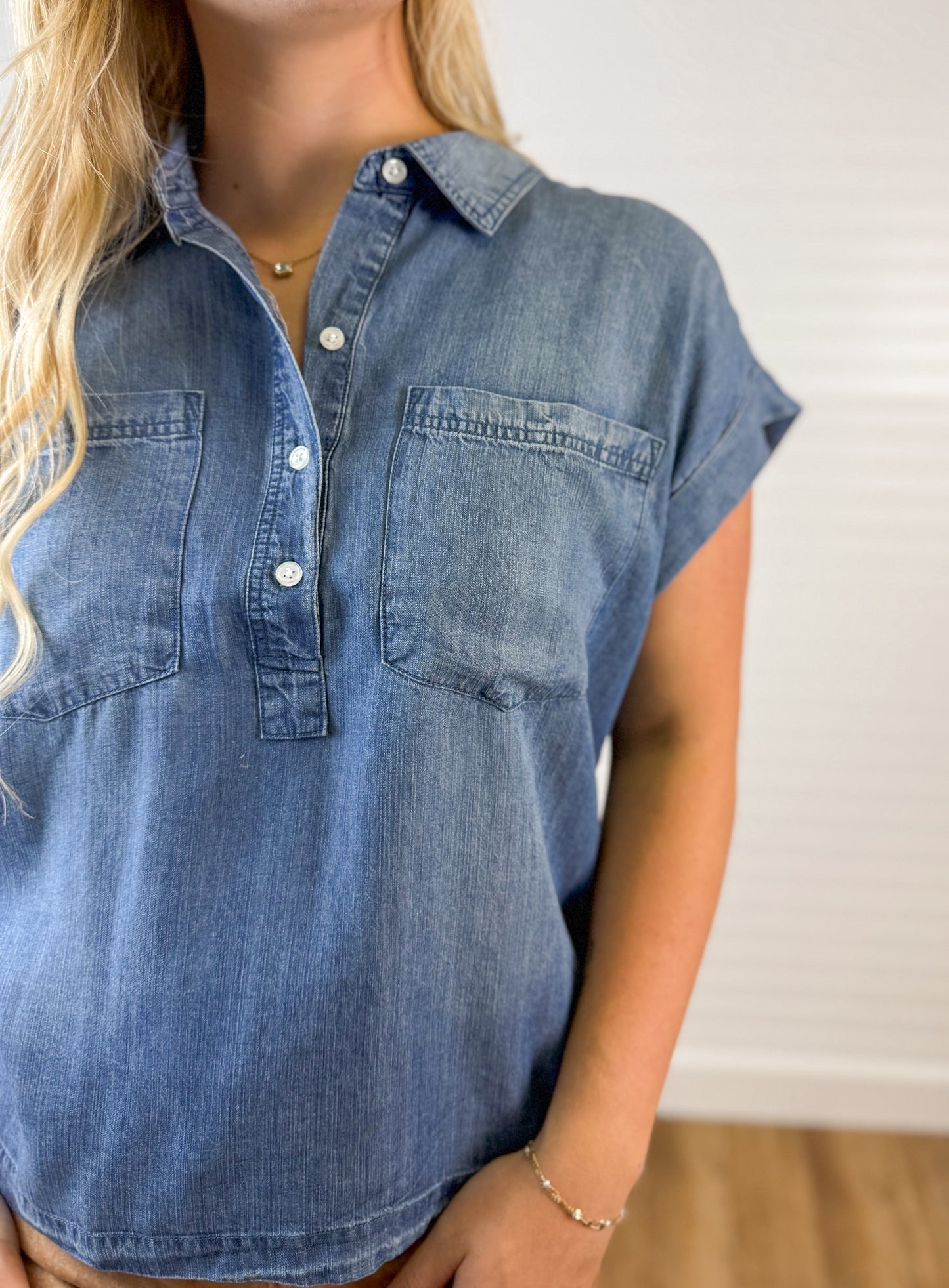 Tencel Collared Short Sleeve Top - Medium Wash