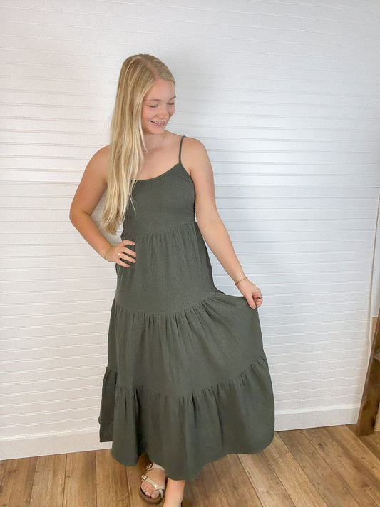 Cotton Tiered Midi Dress - Deep Olive