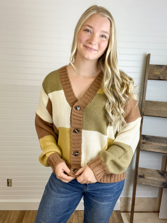 Patchwork Loose Cardigan Sweater - Brown Multi