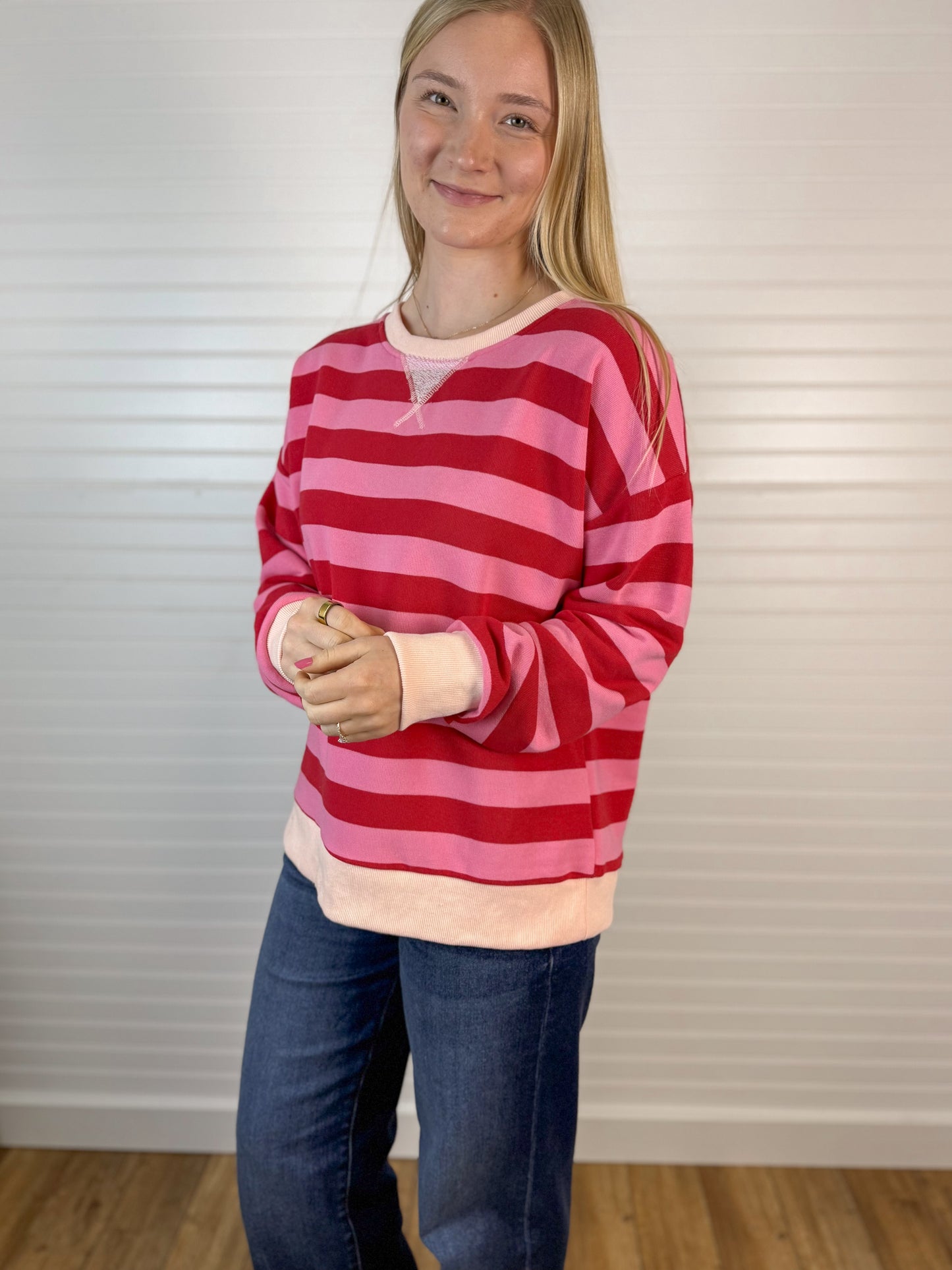 Oversized French Terry Striped Crewneck - Red/Pink