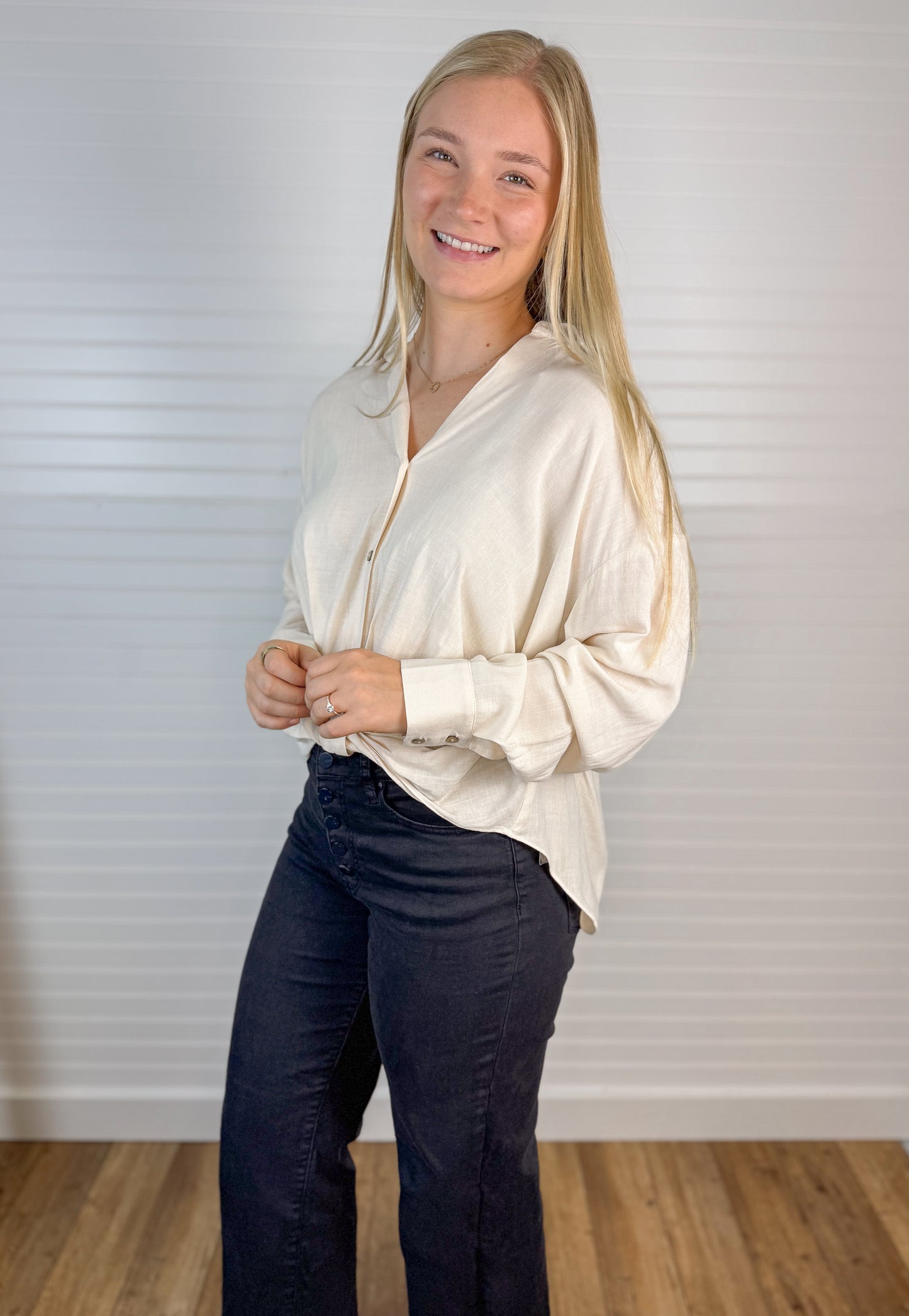 Twist Front Button Up Blouse - Vanilla