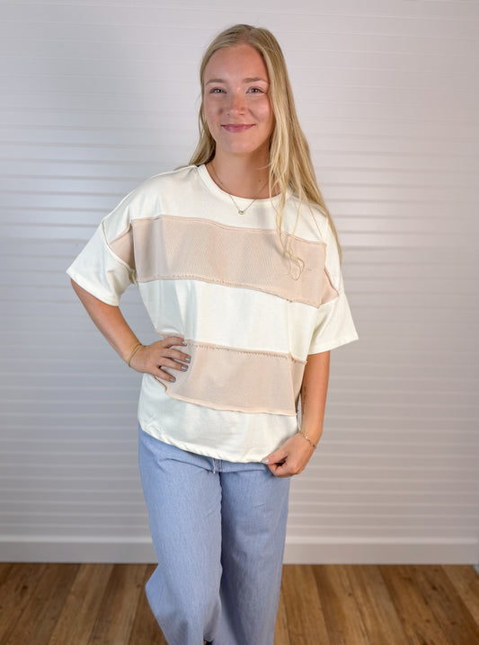 Raw Edge Color Block Tee - Ivory/Cream
