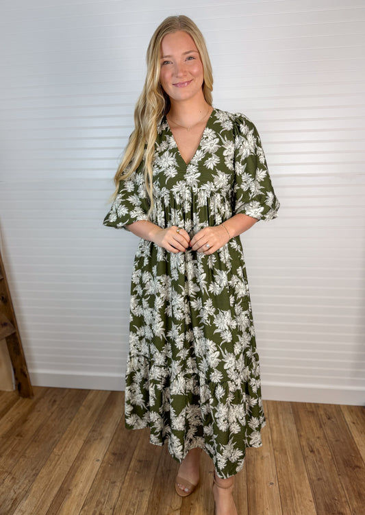 Floral V-Neck Midi 3/4 Sleeve Dress - Olive