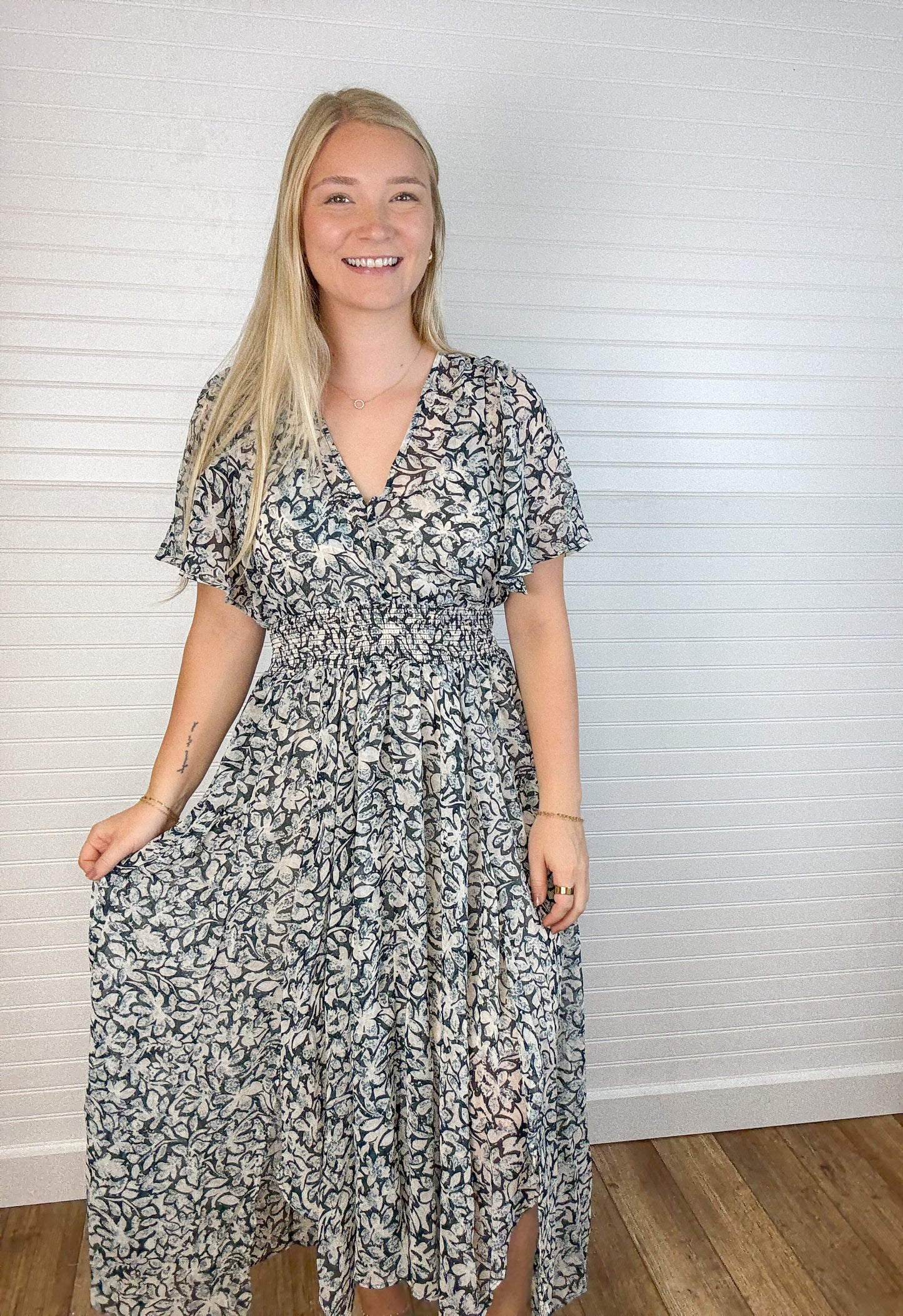 Floral Chiffon Smocked Midi Dress - Teal/Taupe