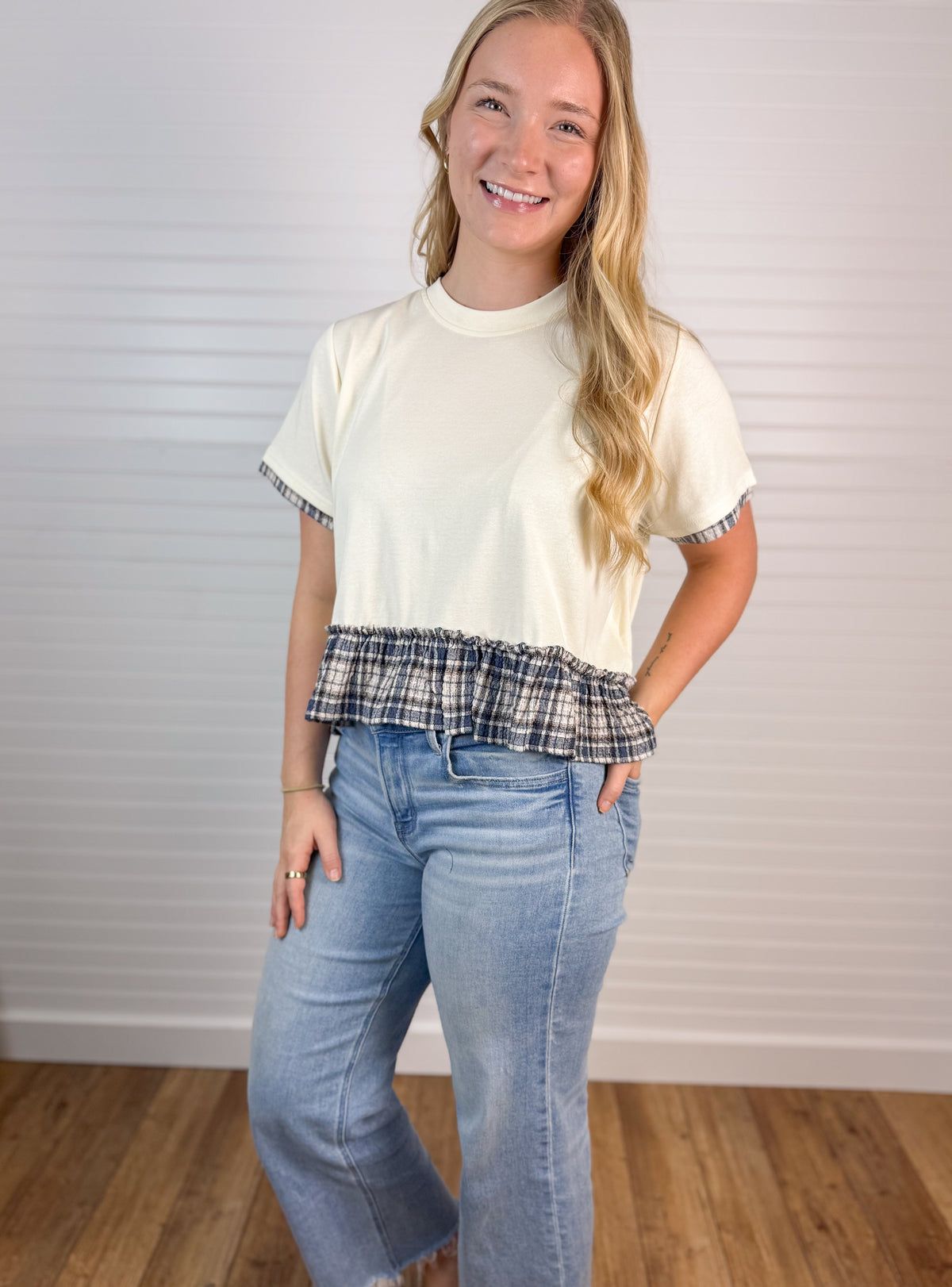 Short Sleeve Plaid Peplum Top - Cream