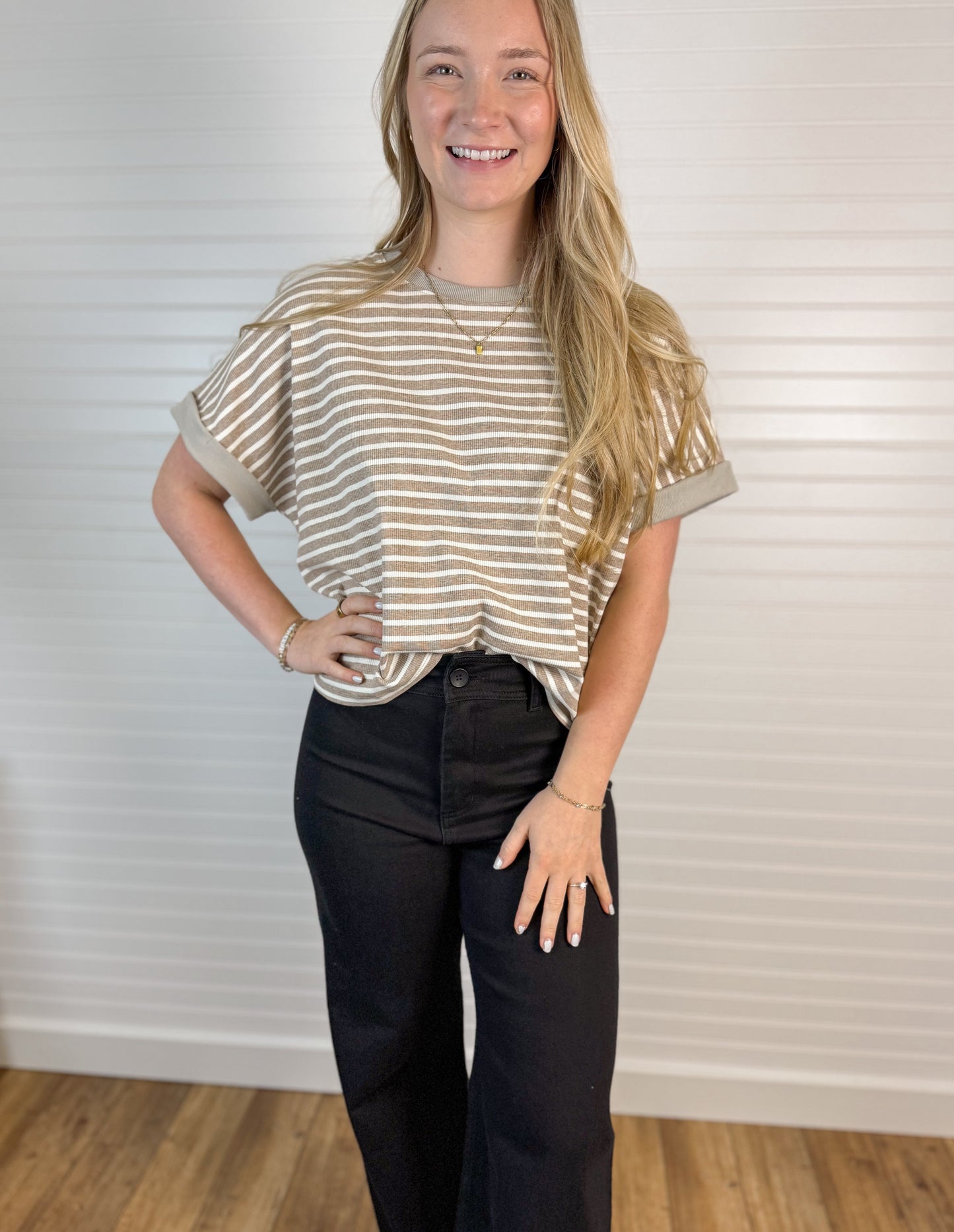 Contrast Ribbed Stripe Knit Top - Taupe