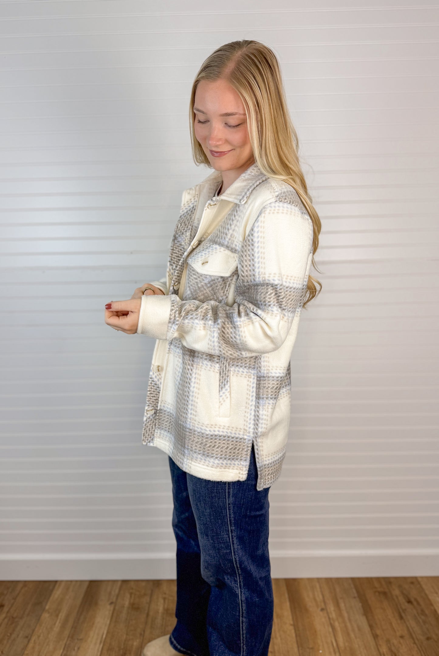 Cozy Fleece Plaid Shacket - Ivory/Taupe