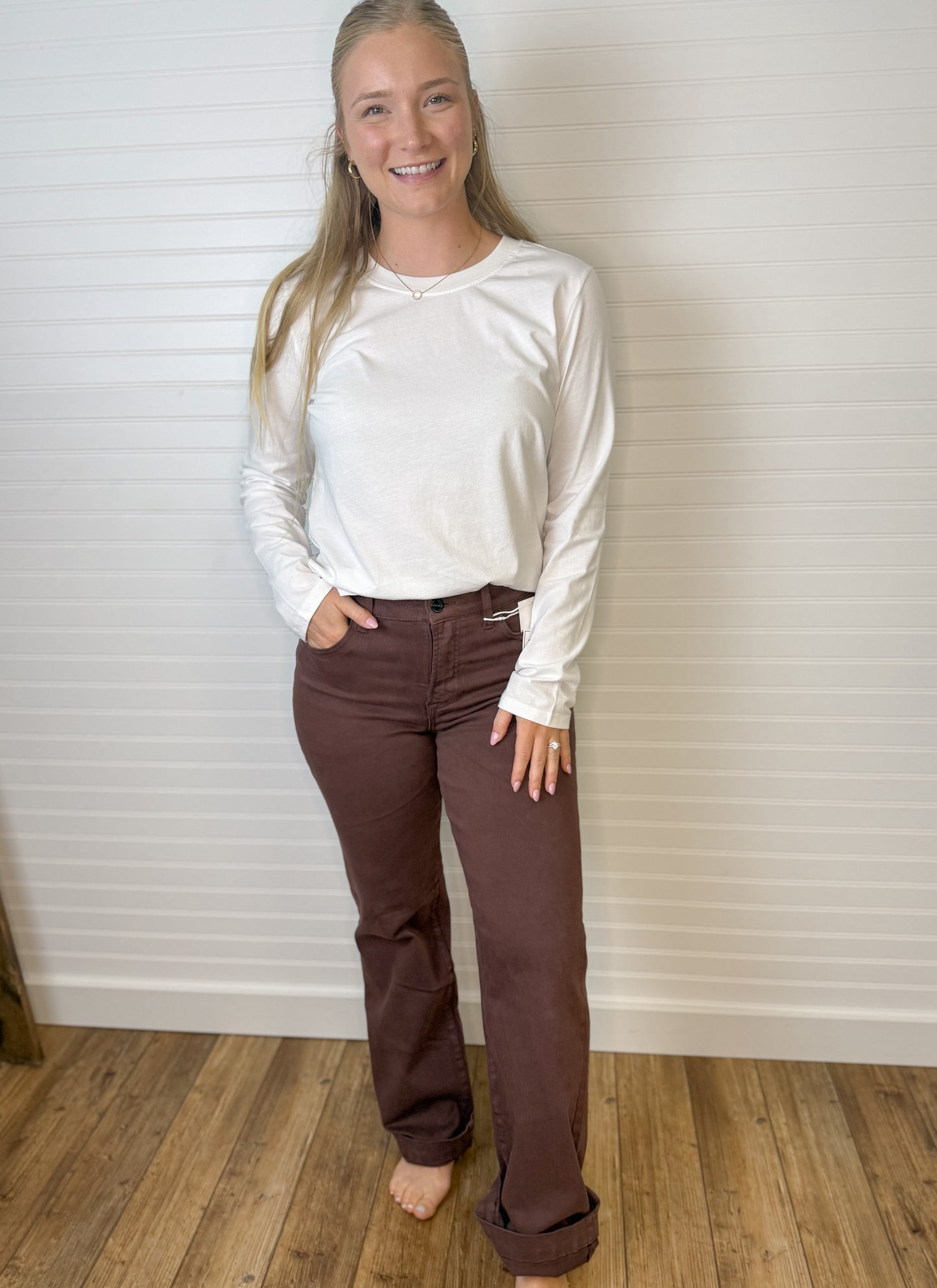 Tummy Control High Rise Straight Leg Denim - Brown