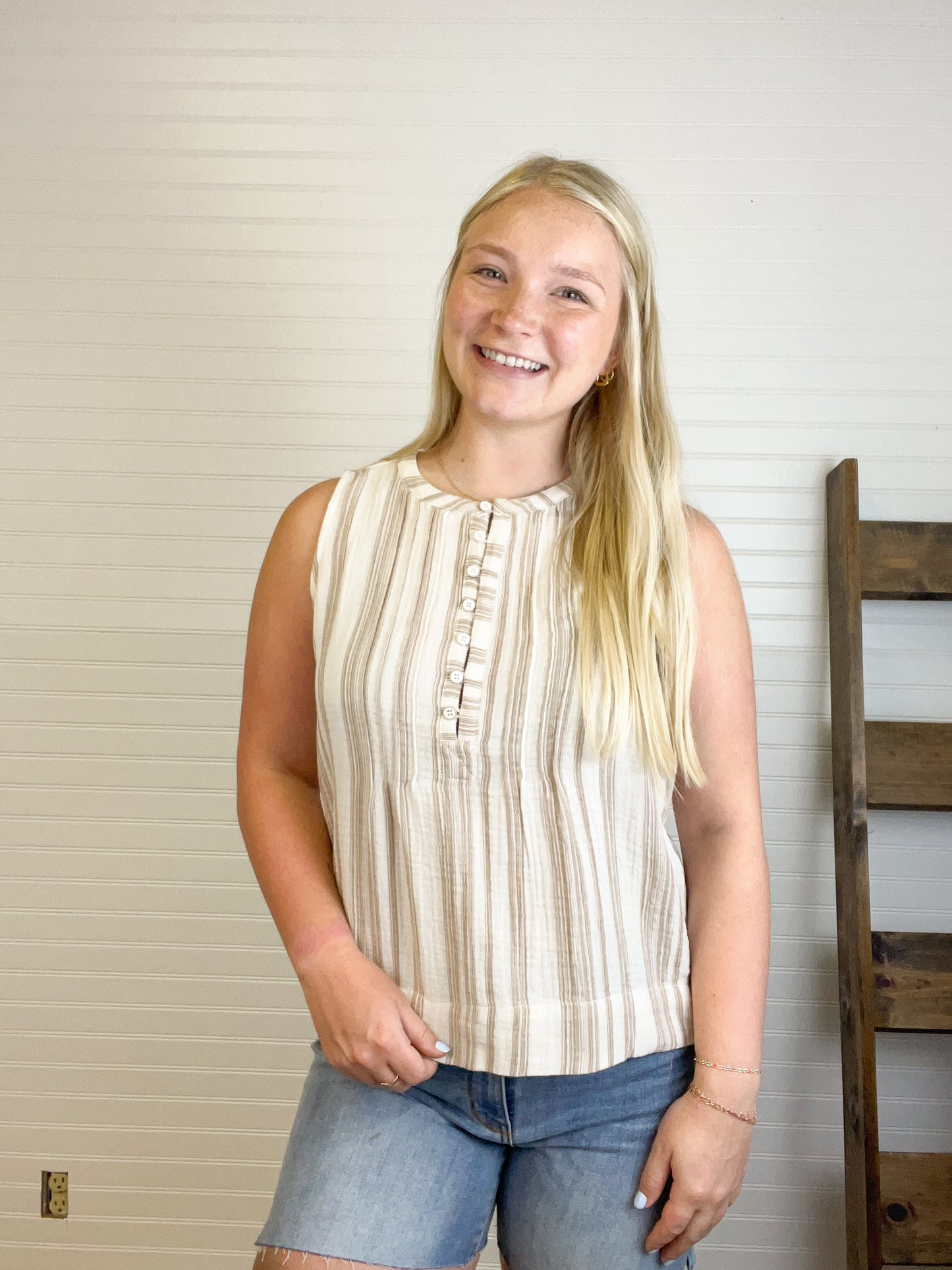 Striped Cotton Gauze Henley Sleeveless Top - Mocha