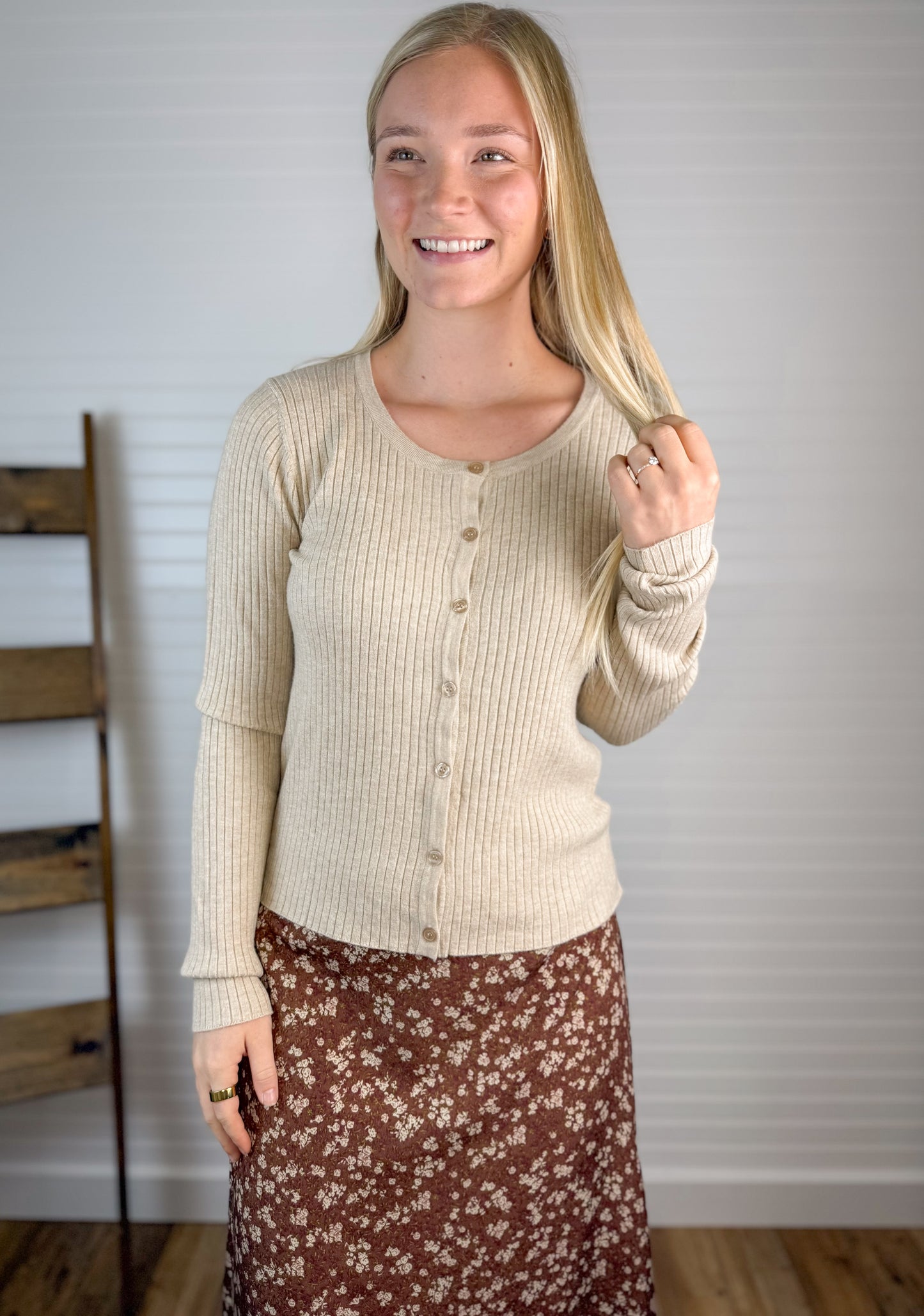 Ribbed Button Down Cardigan - Sand