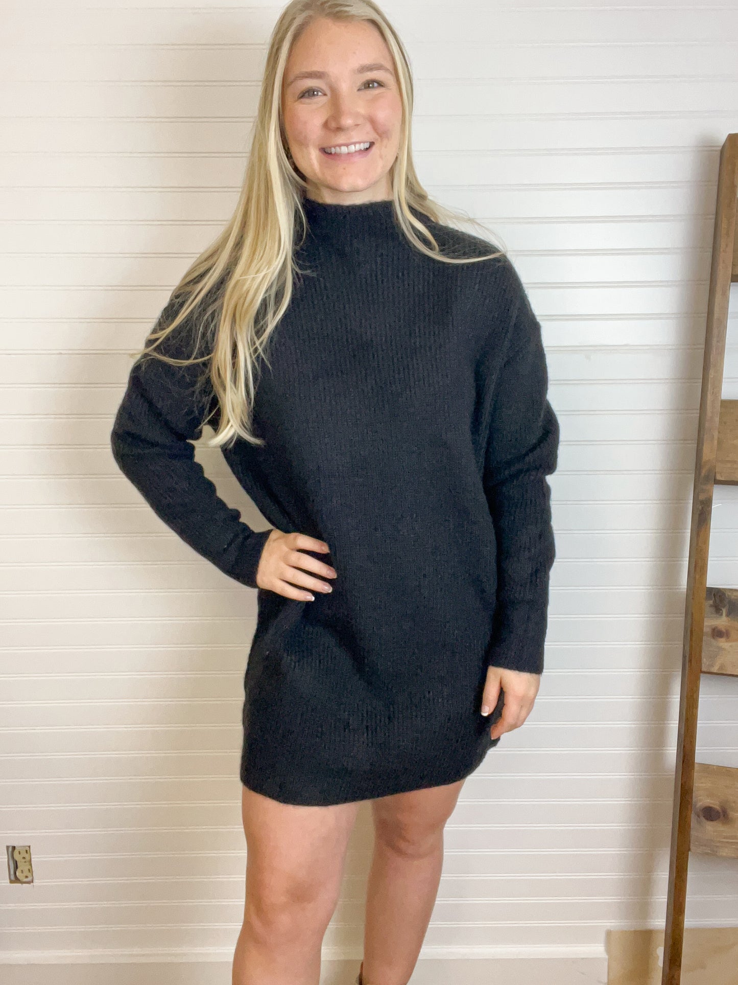 Mock Neck Sweater Dress - Black