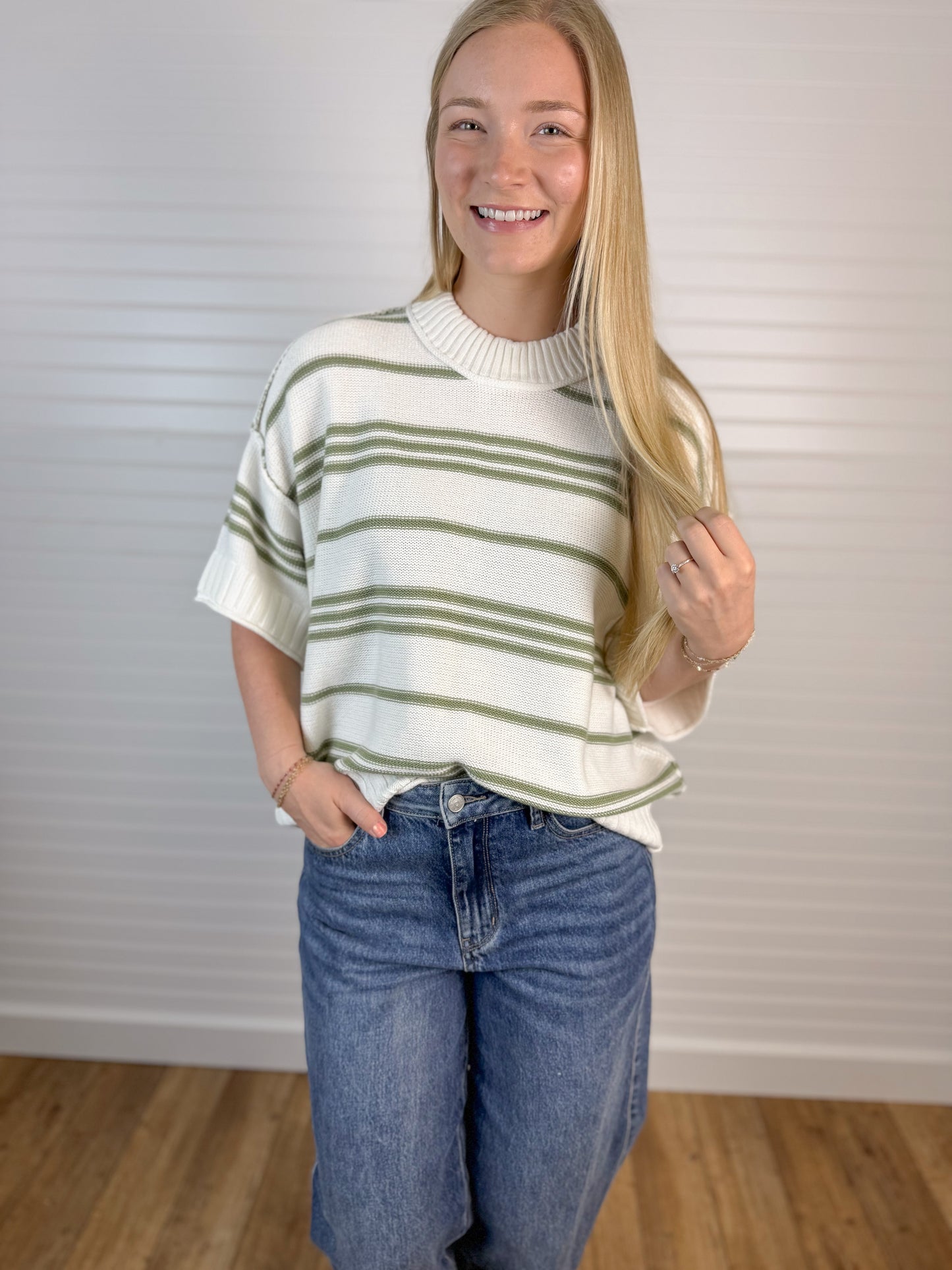 Wide Elbow Striped Sweater Top - Ivory/Sage