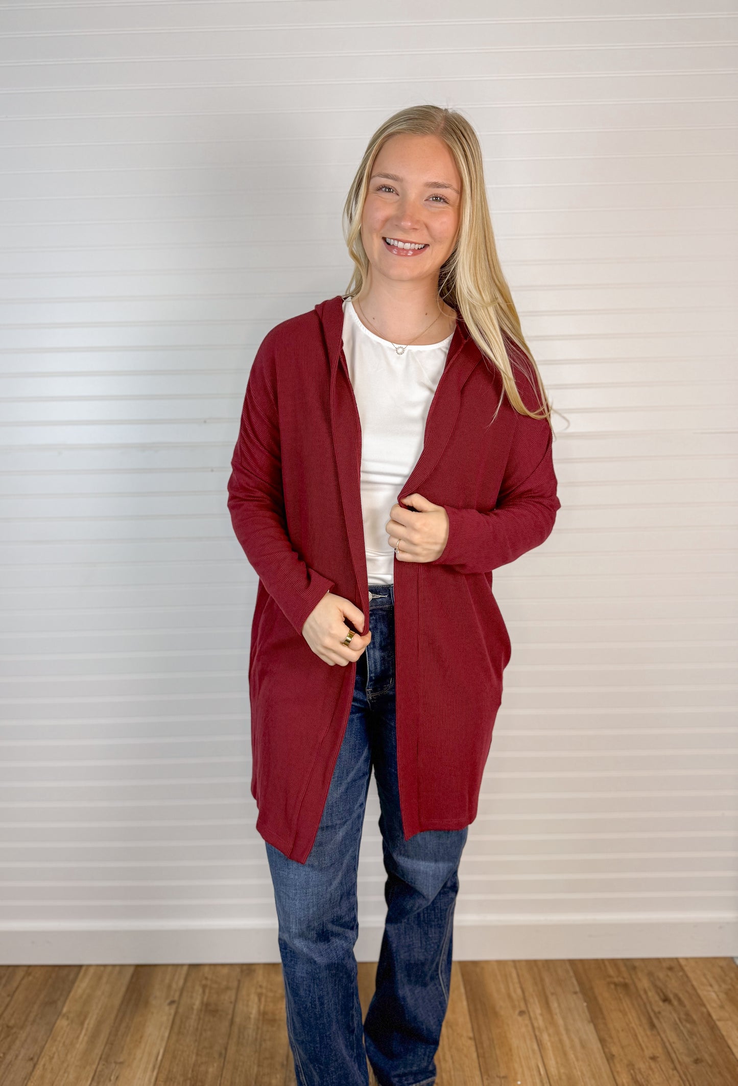 Ribbed Side Pocket Hooded Cardigan - Burgundy
