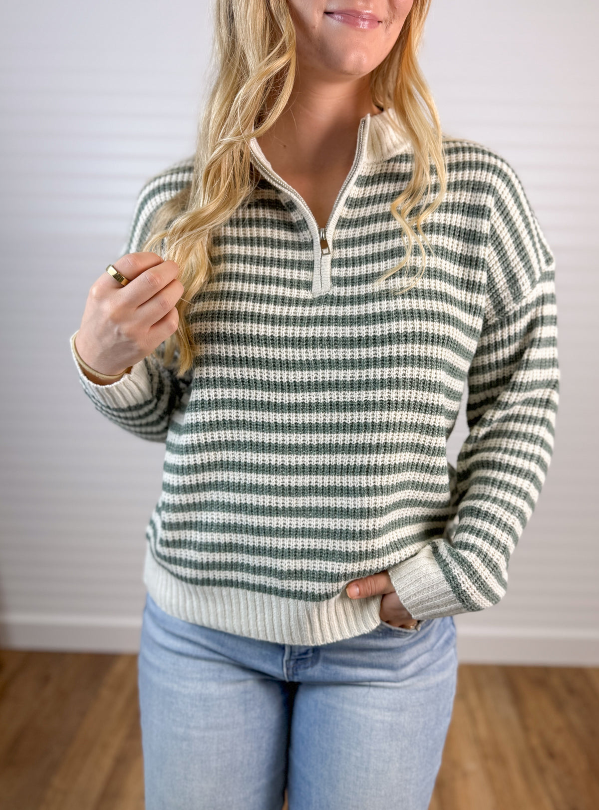 Half Zip Stripe Crochet Pullover - Dark Sage