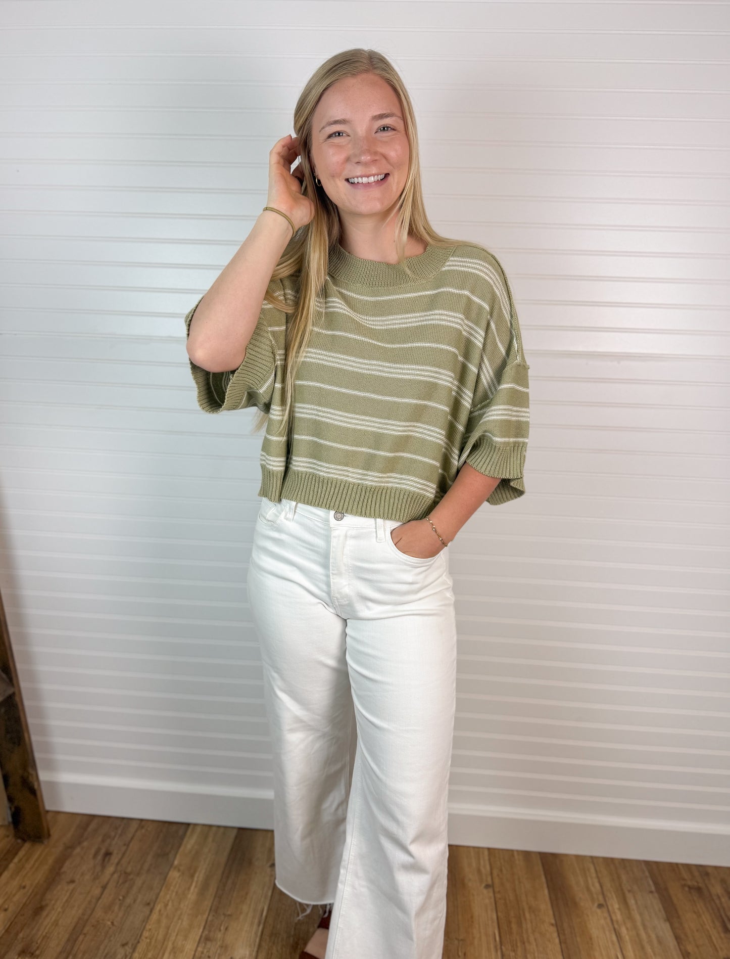 Relaxed Stripe Knit Short Sleeve - Dusty Olive