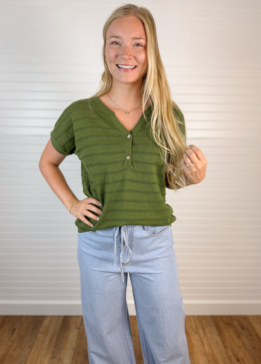 Pointelle Henley Knit Top - Olive