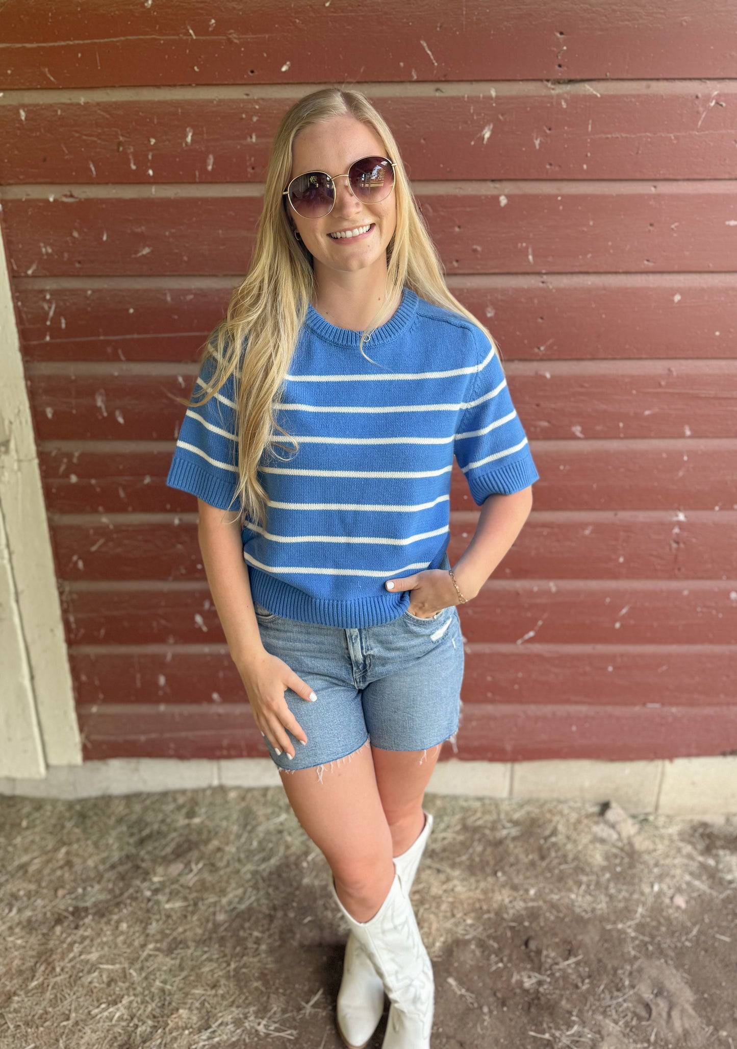 Essential Raglan Striped Sweater Top - Blue
