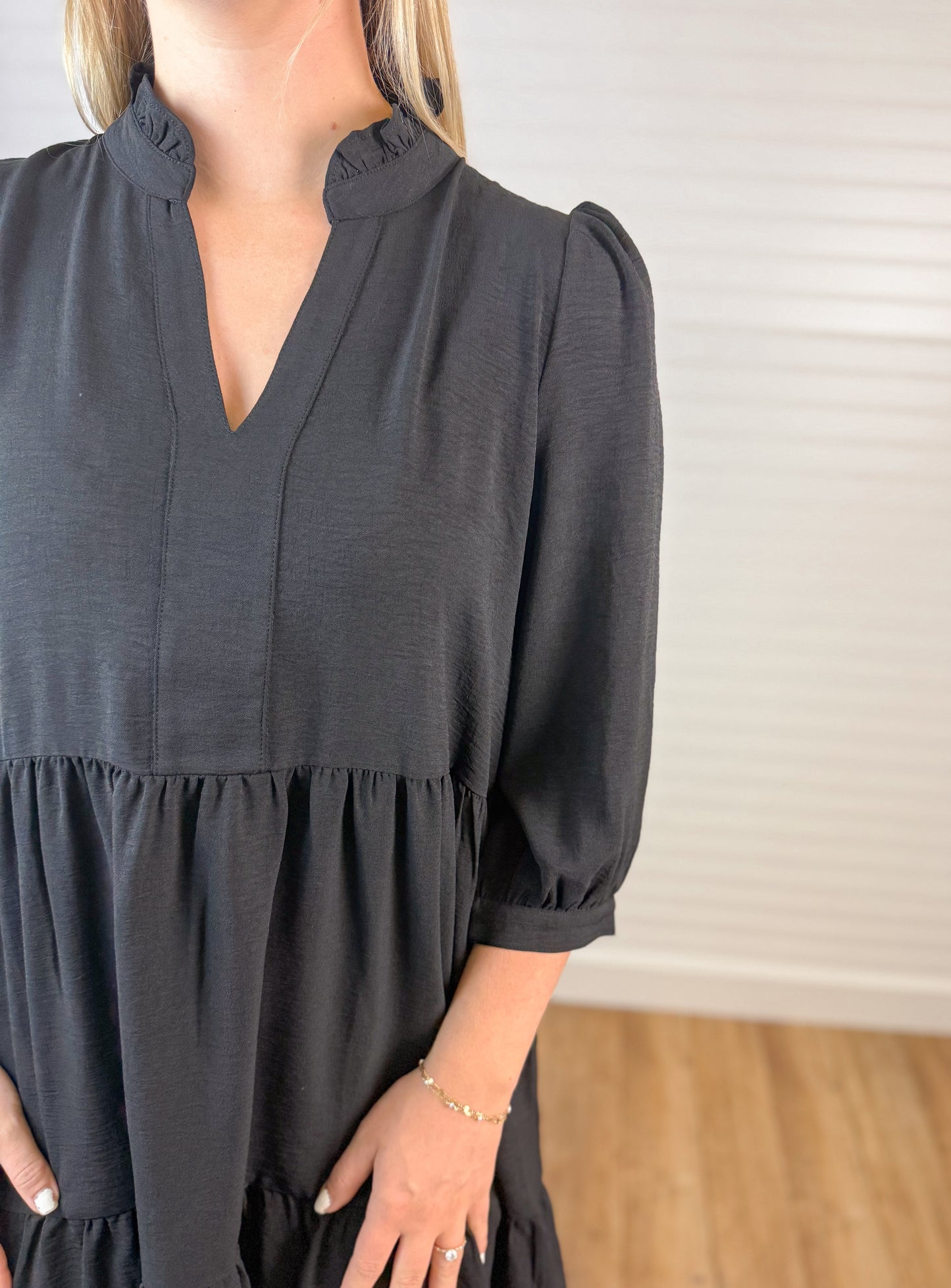 Frilled Split Neck Dress - Black