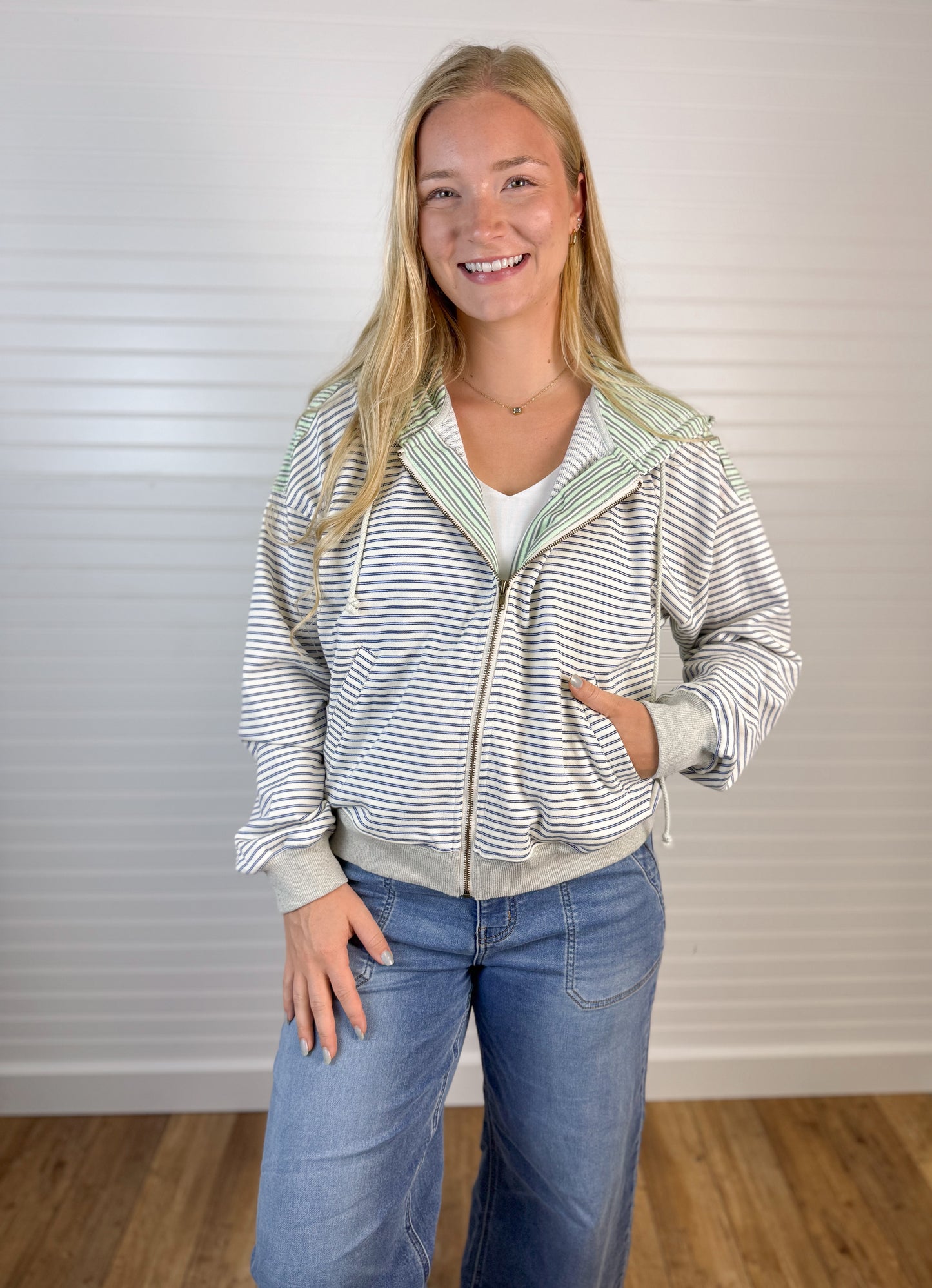 Striped Color Block Zip Hoodie - Blue/Green