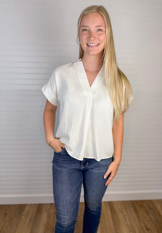 Short Sleeve V-Neck Blouse - White