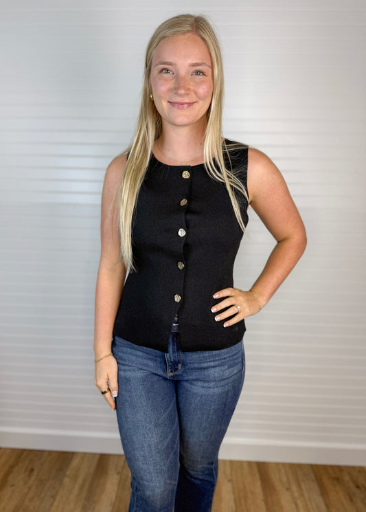 Sleeveless Buttoned Sweater Vest - Black