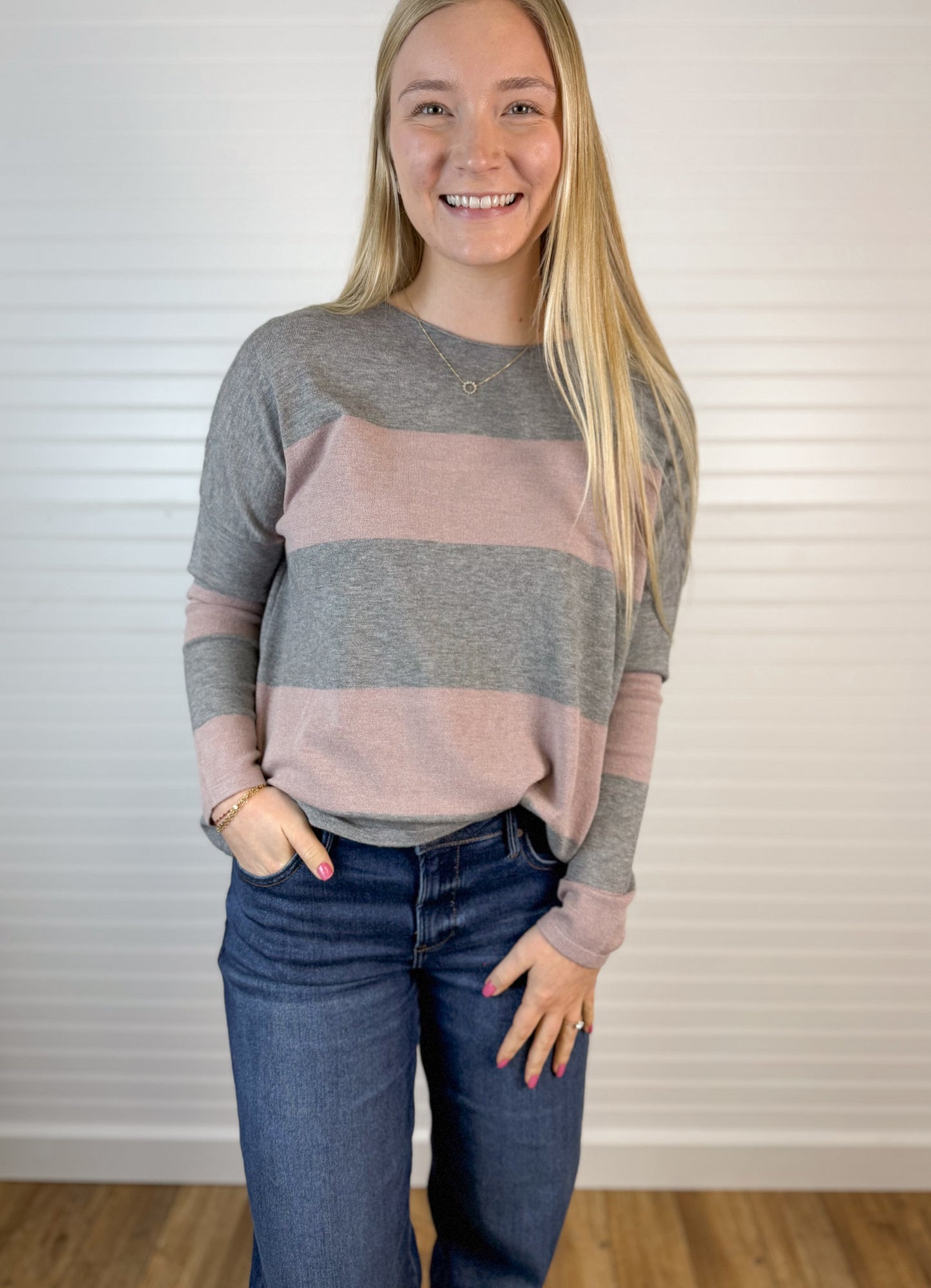 Boat Neck Wide Striped Sweater - Grey/Blush