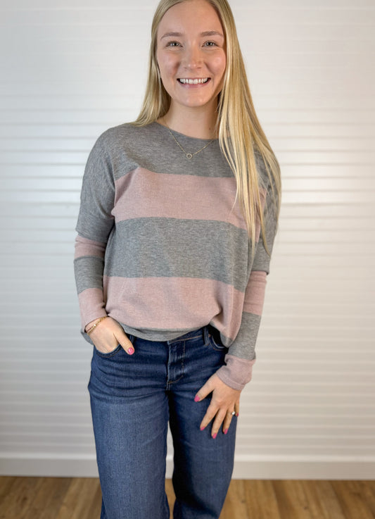 Boat Neck Wide Striped Sweater - Grey/Blush