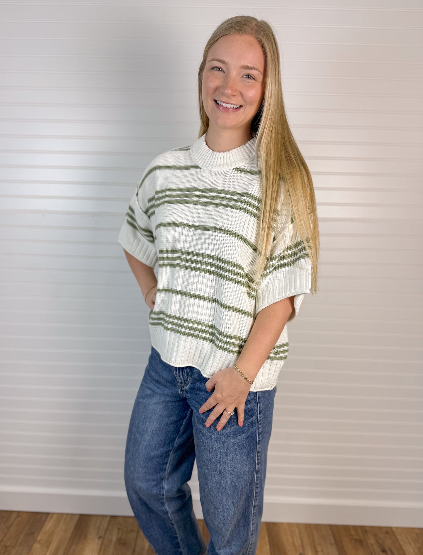 Wide Elbow Striped Sweater Top - Ivory/Sage