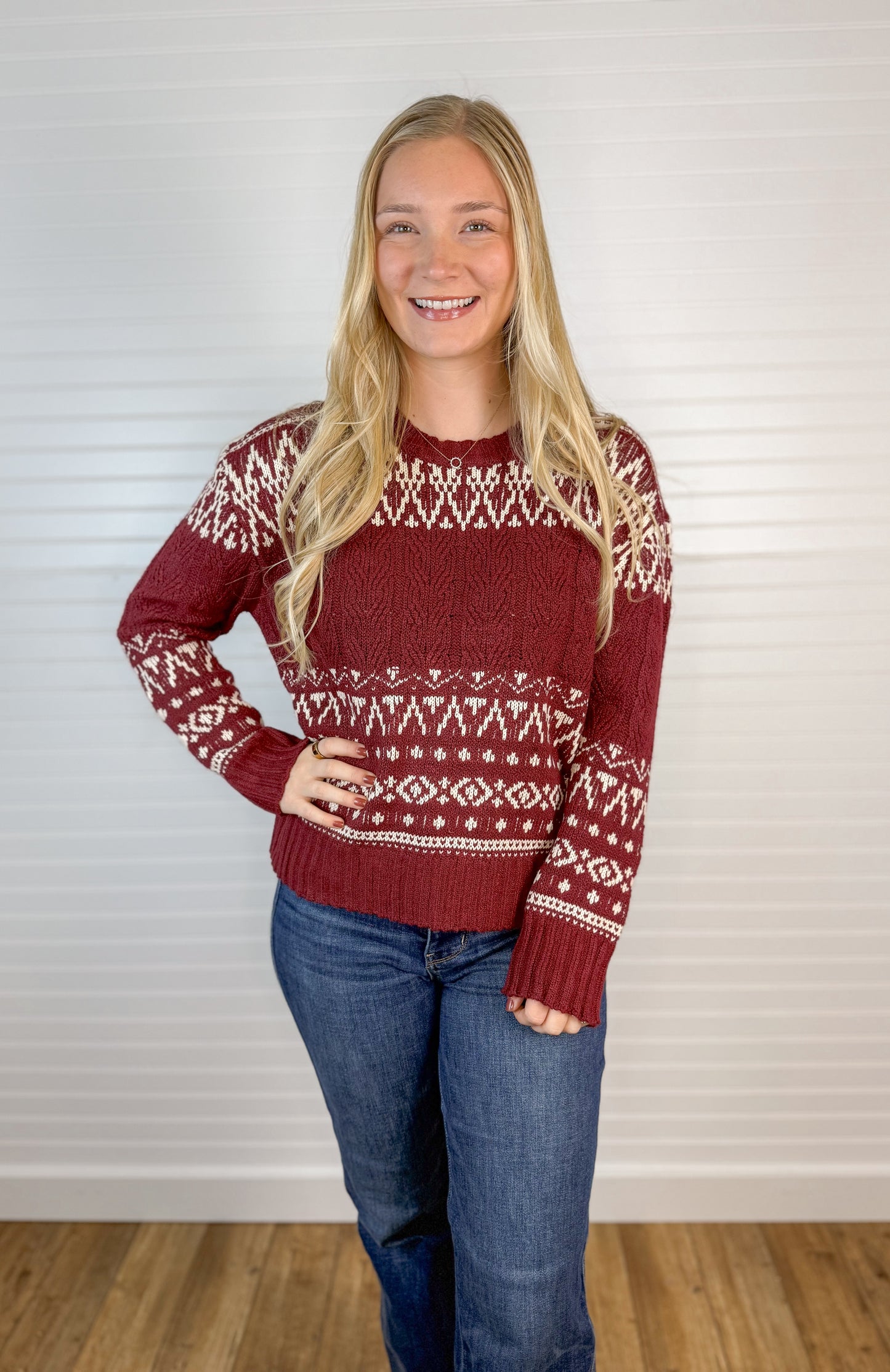 Fair Isle Cable Knit Sweater - Wine