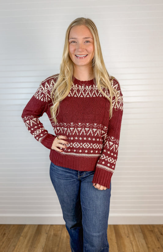 Fair Isle Cable Knit Sweater - Wine