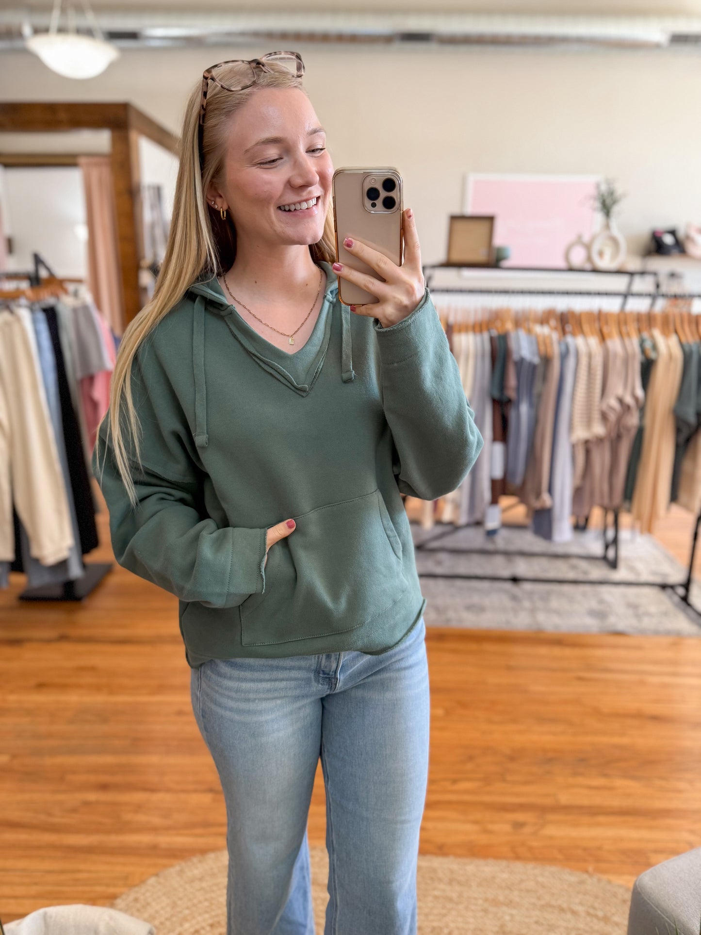 Cotton V-Neck Sweatshirt - Green