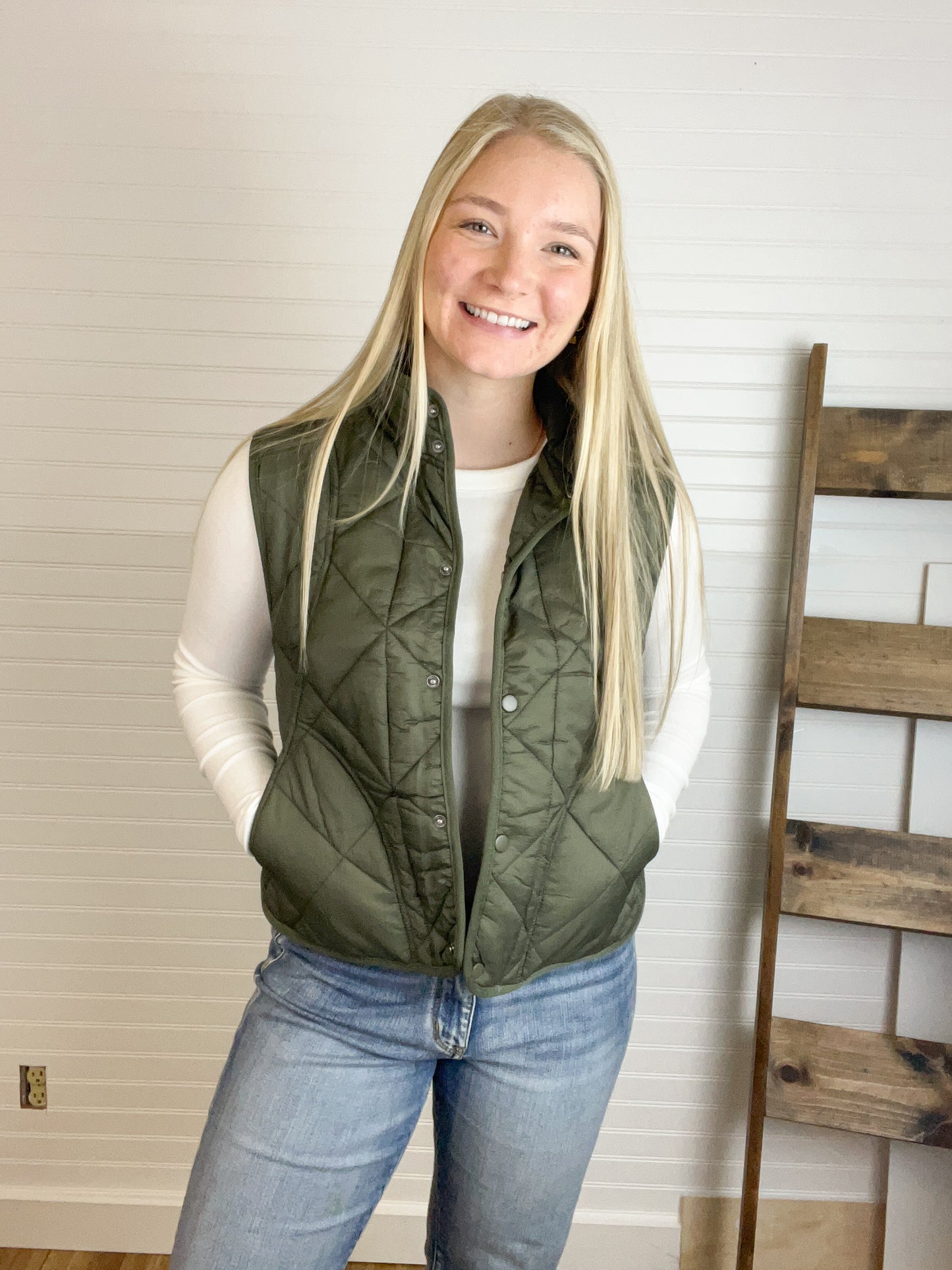 Quilted Snap Button Vest - Olive