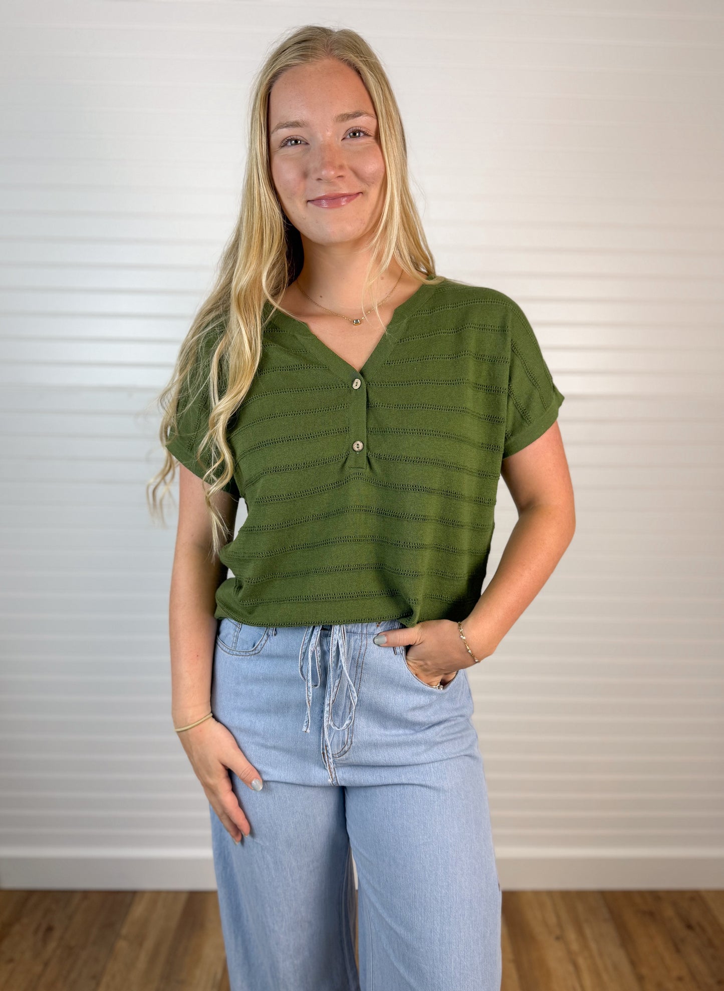 Pointelle Henley Knit Top - Olive