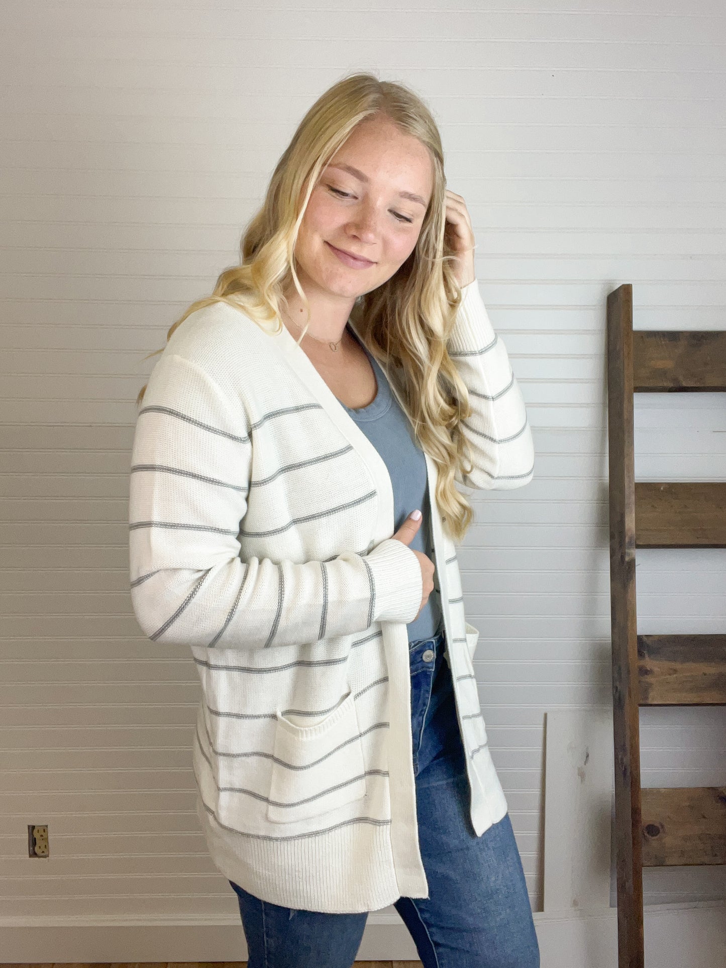 Striped Relaxed Fit Cardigan - Cream