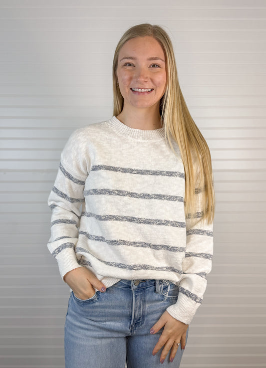 Drop Shoulder Stripe Lightweight Sweater - Blue