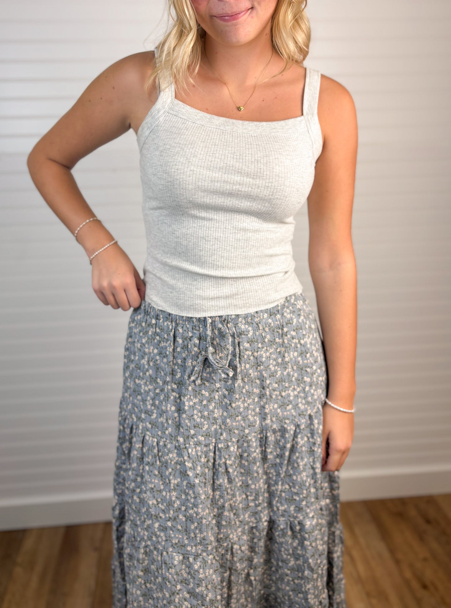 Textured Tiered Floral Skirt - Light Blue